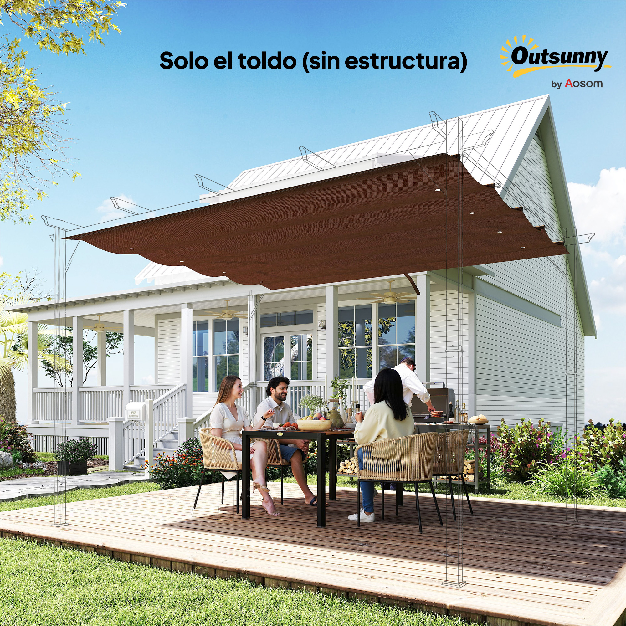 Personas sentadas en una mesa bajo un toldo marrón frente a una casa.