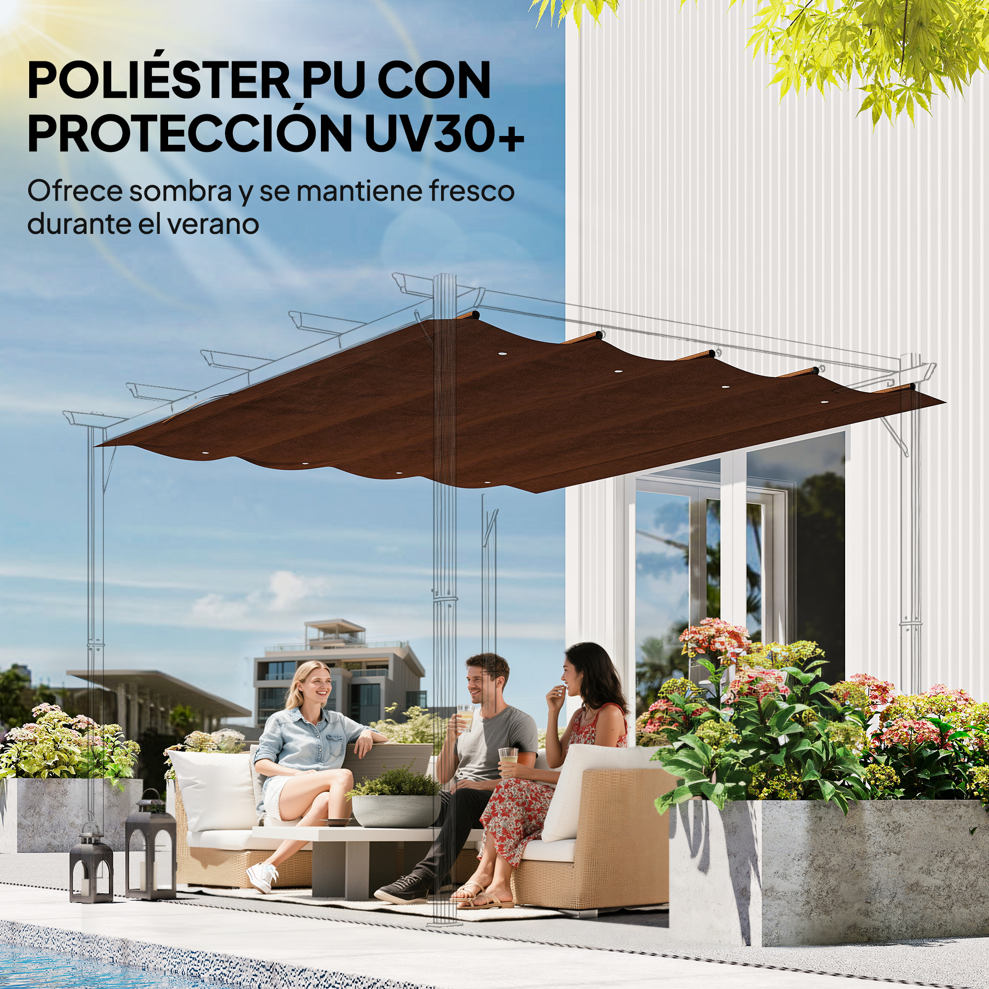 Tres personas se relajan en un patio junto a la piscina bajo un toldo retráctil marrón.