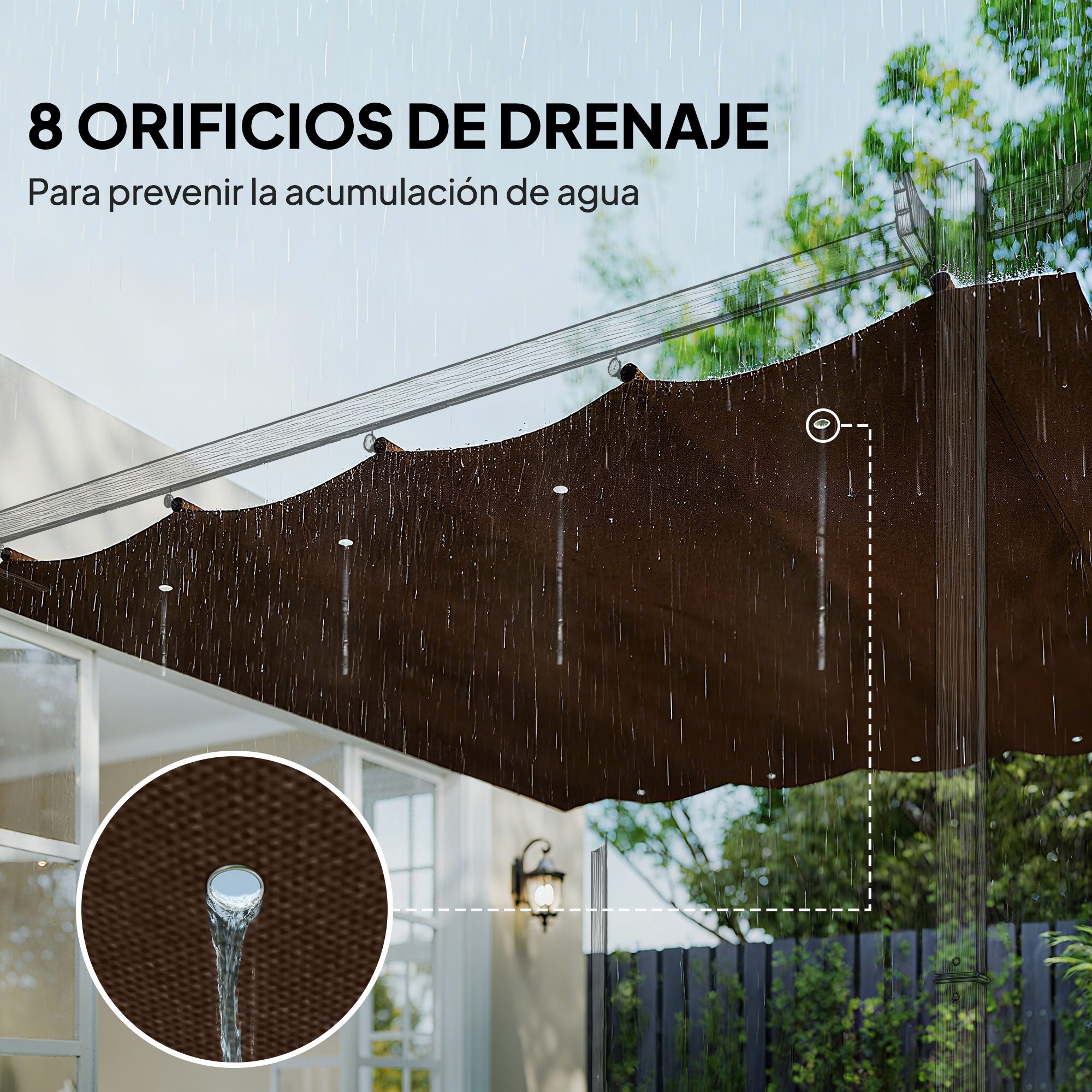 Un toldo marrón con 8 agujeros de drenaje bajo la lluvia, cae agua.