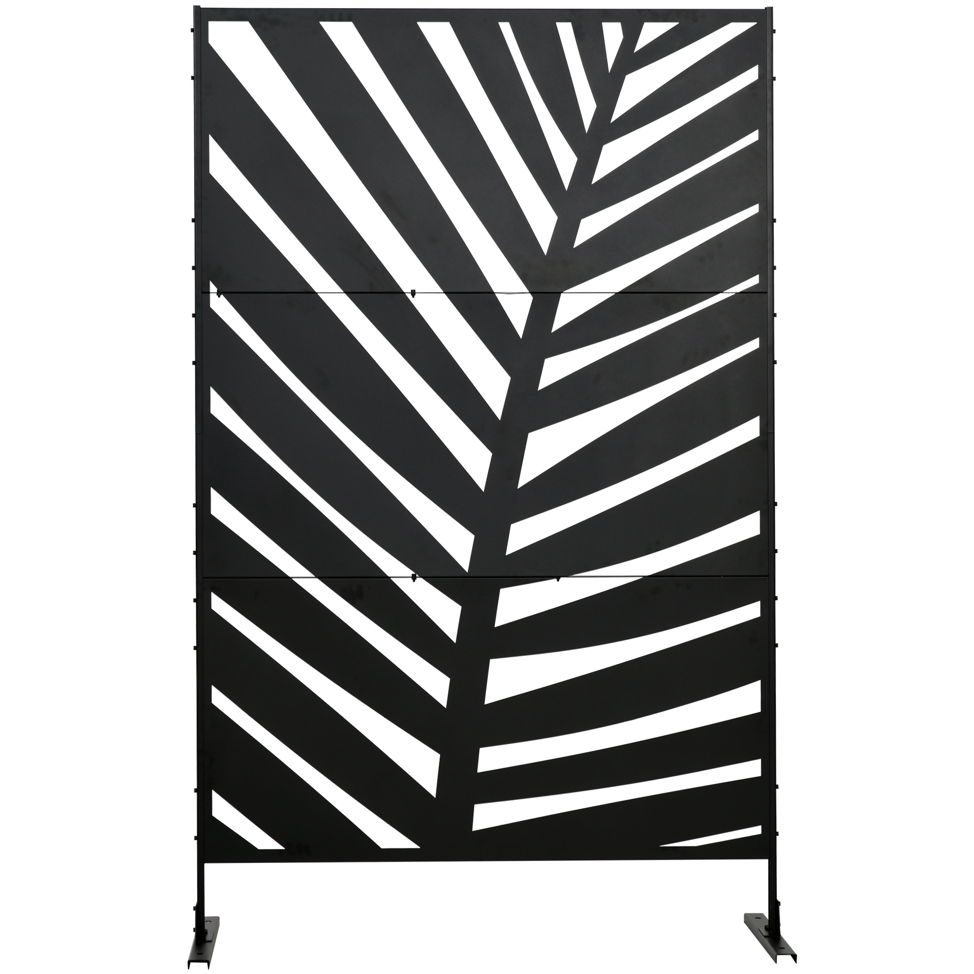 Pantalla de privacidad negra con estampado de hojas y rayas blancas. Sobre fondo blanco.