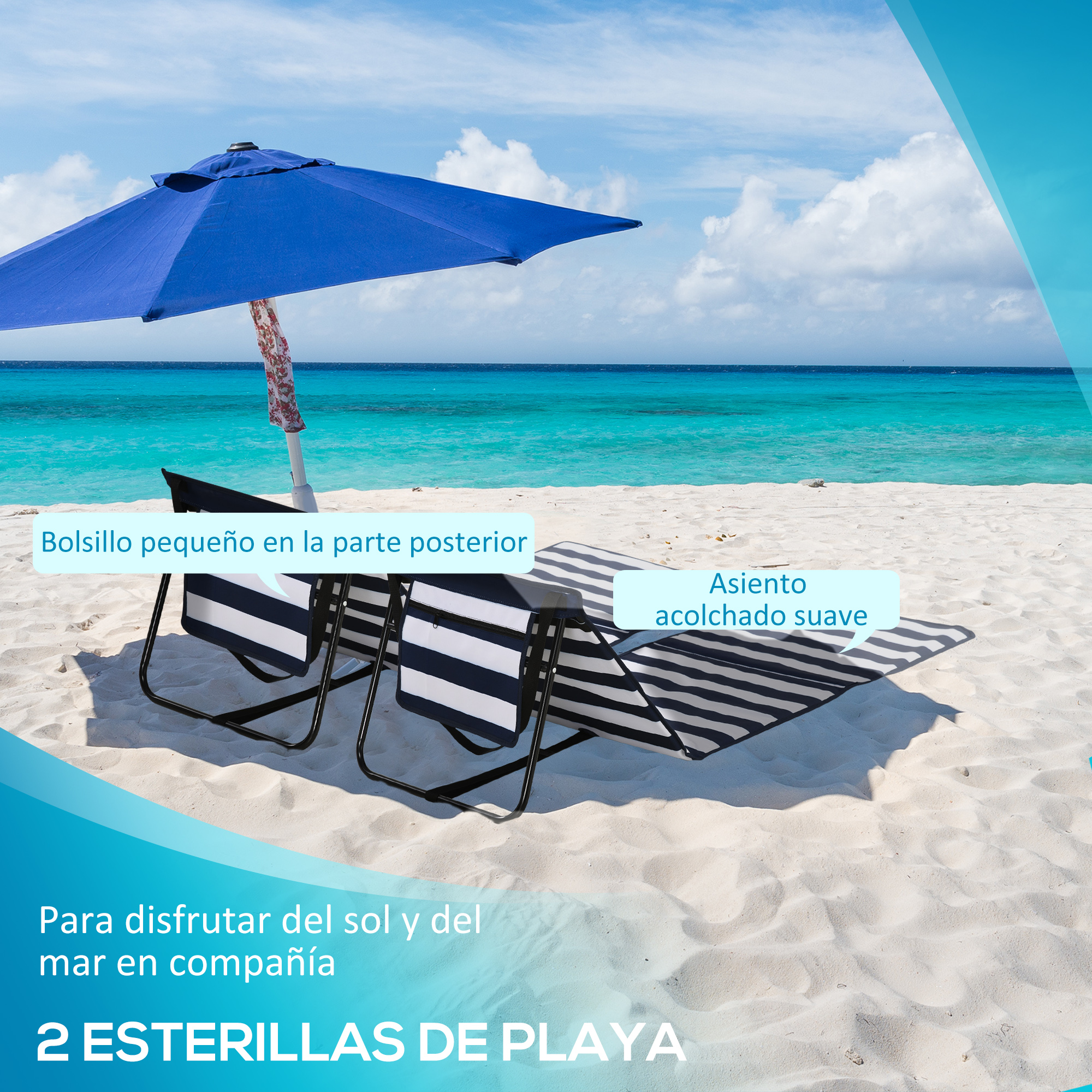 Dos sillas de playa a rayas bajo una sombrilla azul junto al mar.