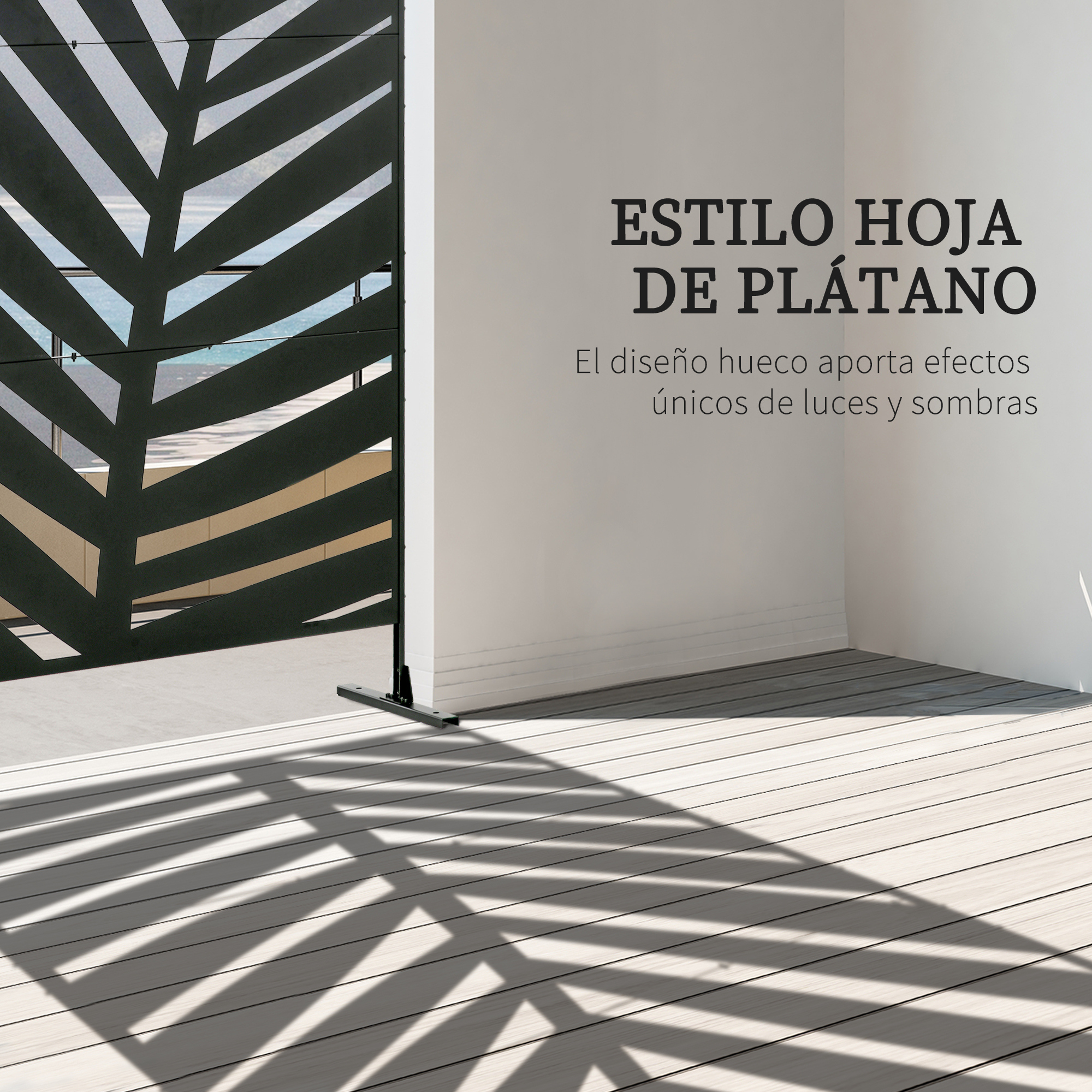 Pantalla de privacidad negra con diseño de hoja proyecta sombras en tarima.
