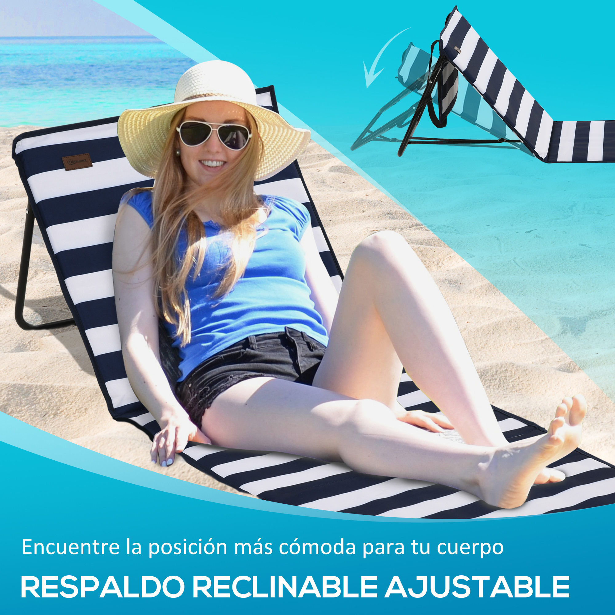 Una mujer en una tumbona de playa a rayas junto al mar, con sombrero y gafas de sol.