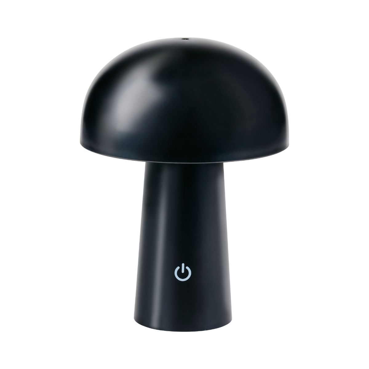 Een zwarte paddenstoelvormige tafellamp met een aan/uit-symbool.