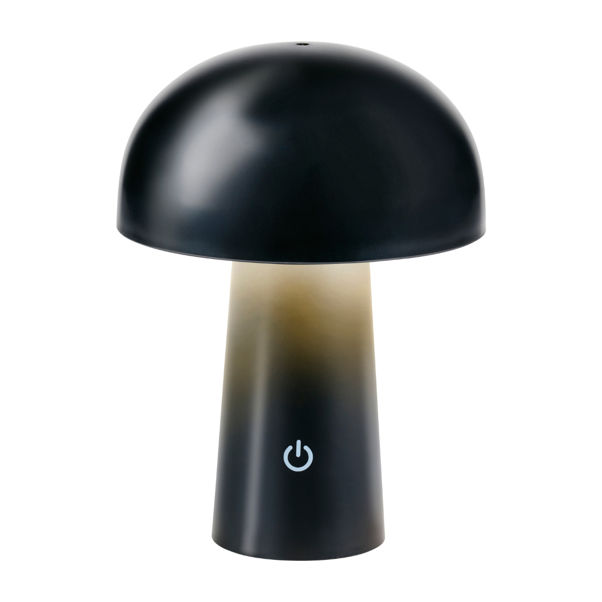 Een paddenstoelvormige lamp met een zwarte kap en een taps toelopende voet met aan/uit-symbool.