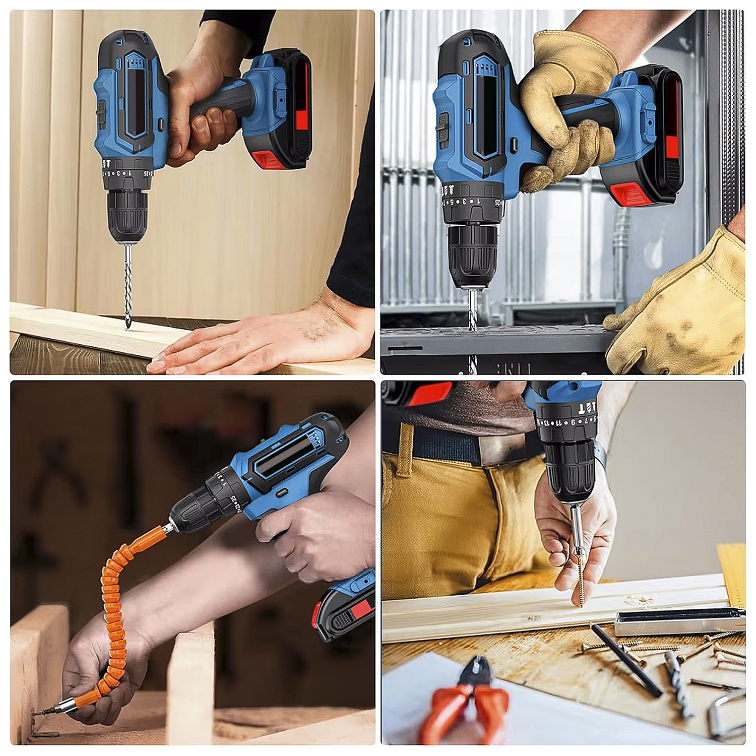 Trapano blu in funzione su legno. Mani che lo tengono. Viste multiple mostrate.