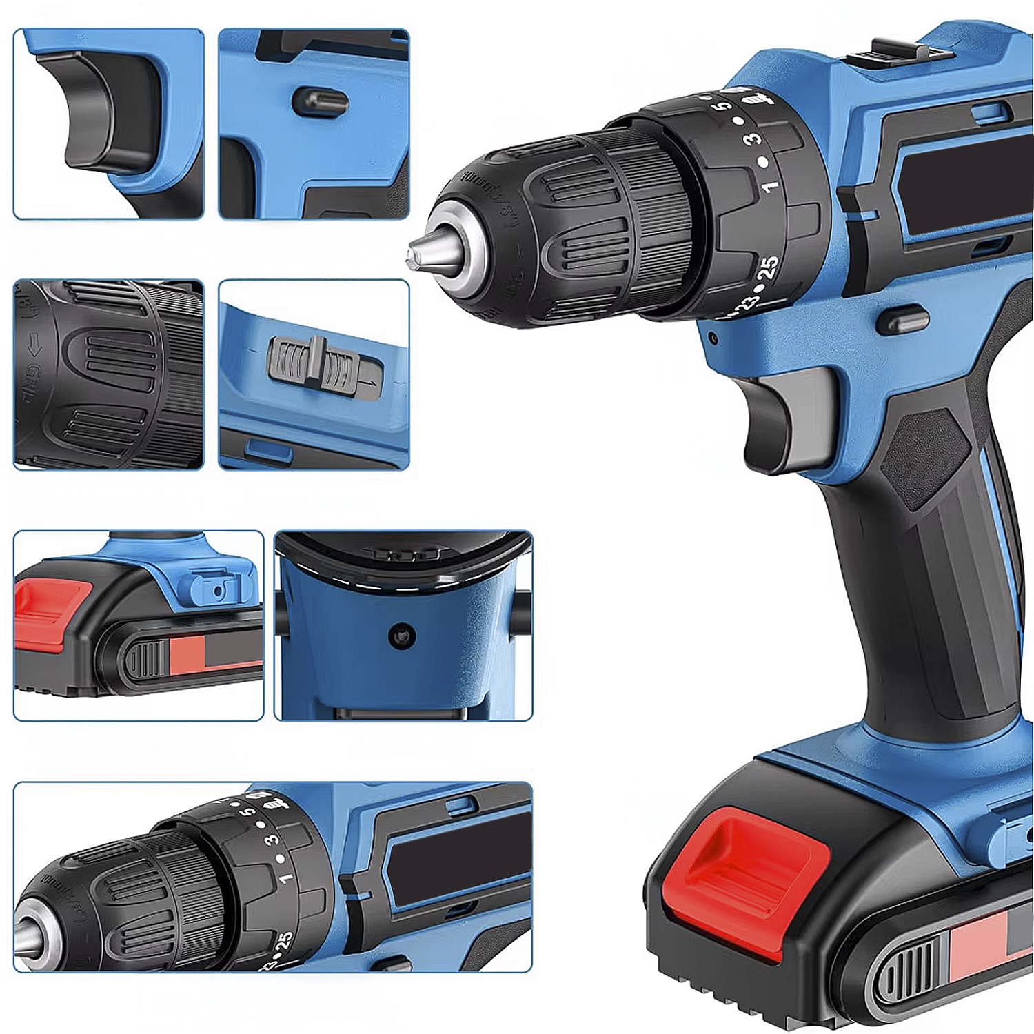 Un trapano a batteria blu con accenti neri e sgancio batteria rosso.
