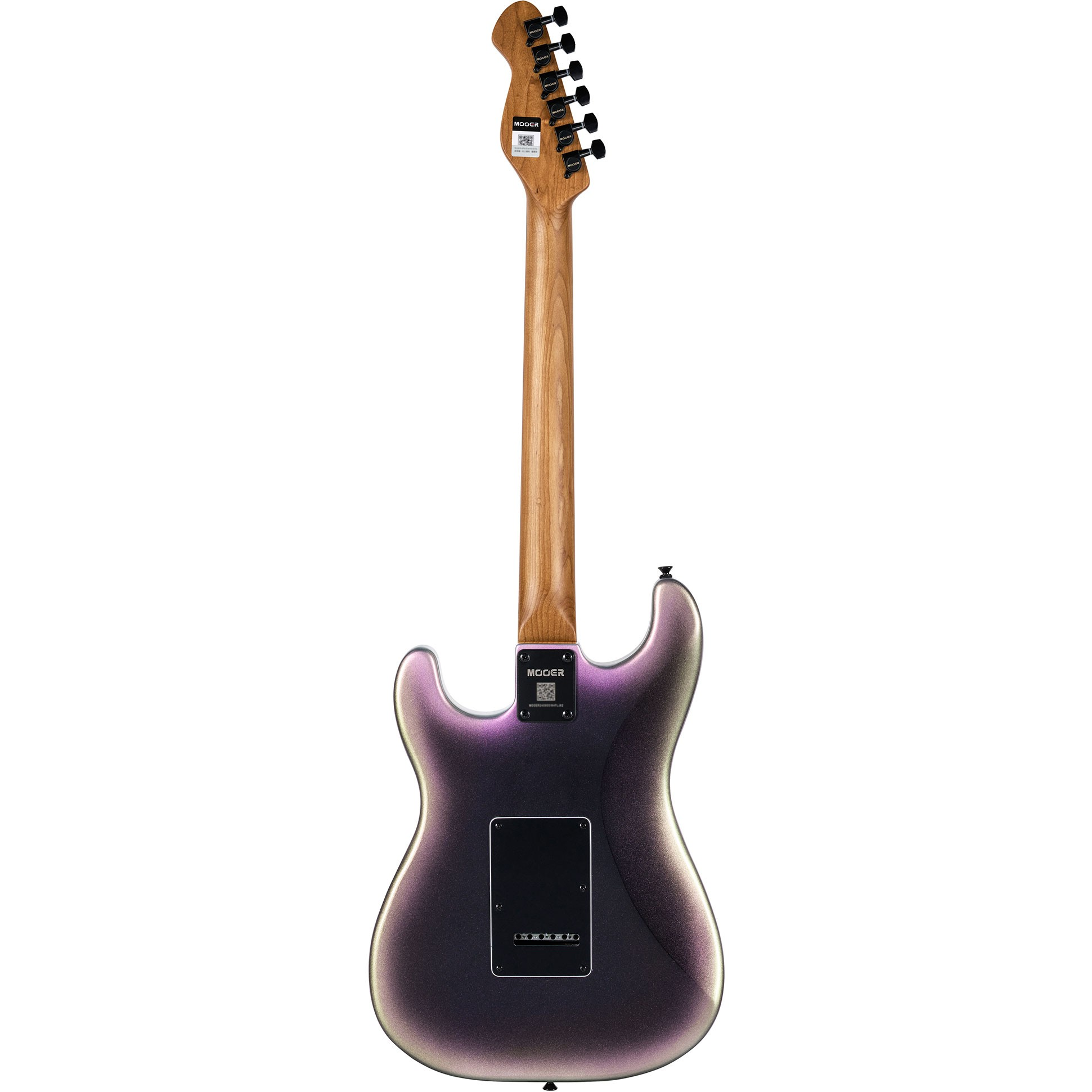 Ahşap saplı ve siyah burgulu mor elektrik gitarın arka görünümü.