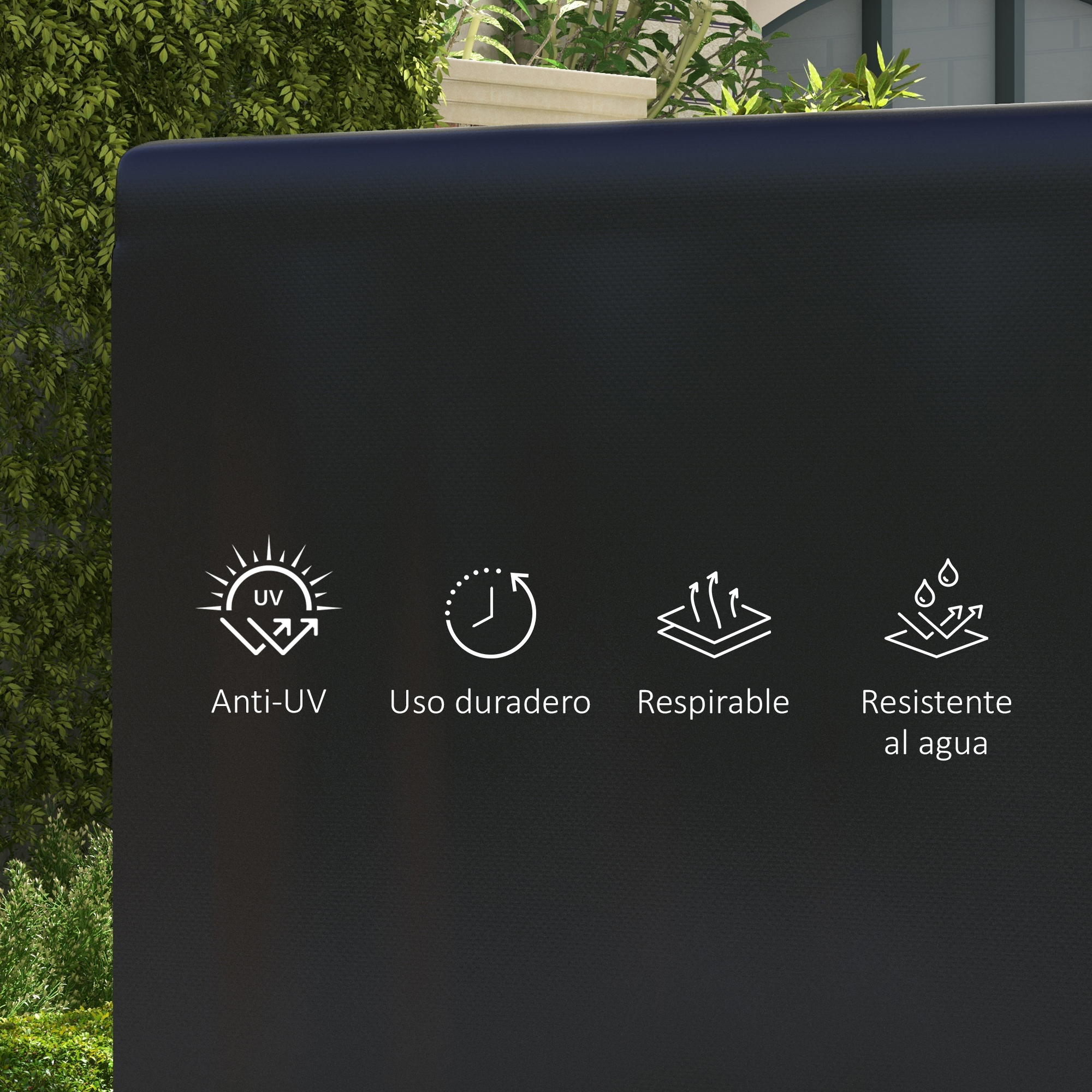 Un objeto negro con cuatro iconos: Anti-UV, duradero, transpirable, resistente al agua.