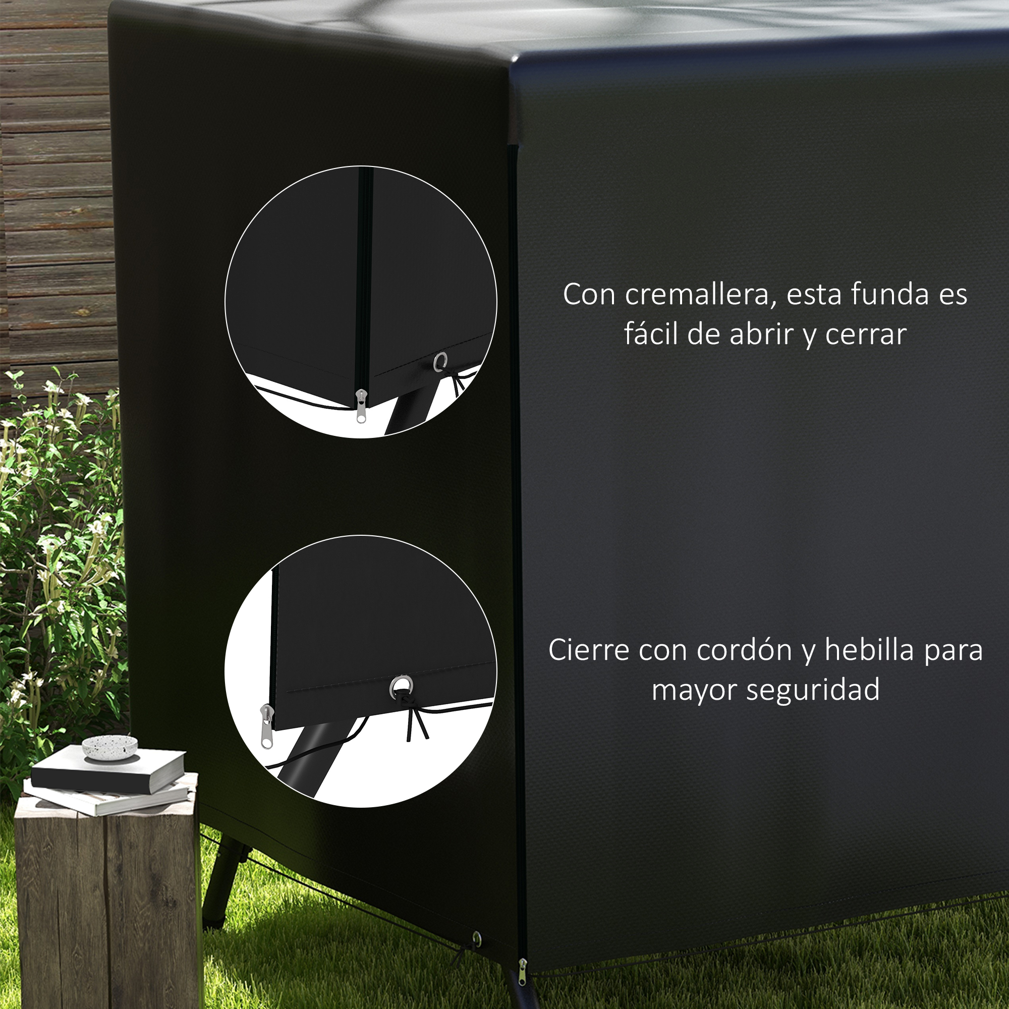 Funda negra para muebles de exterior con cremallera y cordón.