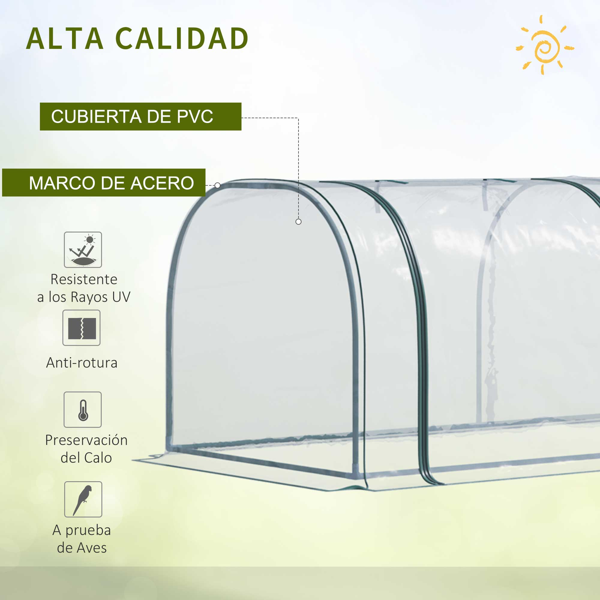 Una cubierta de PVC transparente con marco de acero, apta para plantas.