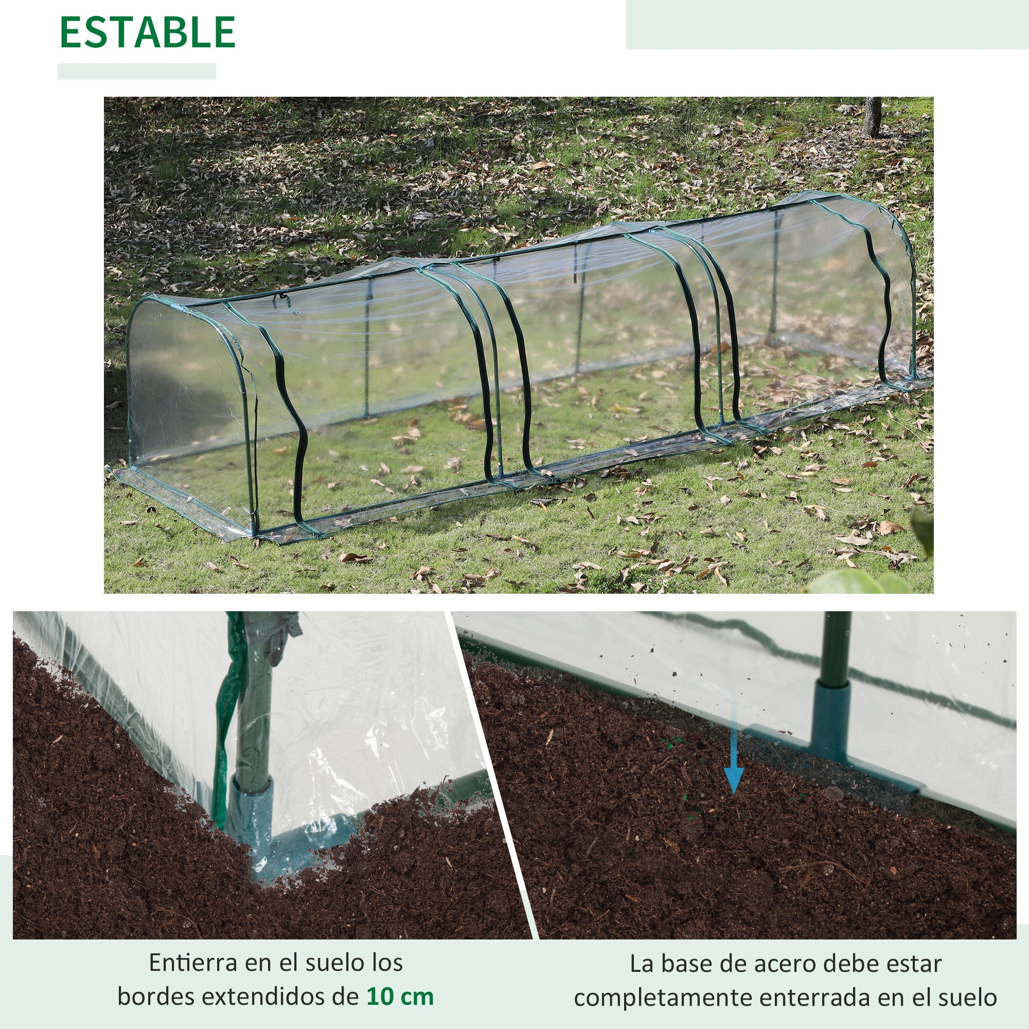 Un invernadero túnel transparente sobre césped, con tierra en la base.