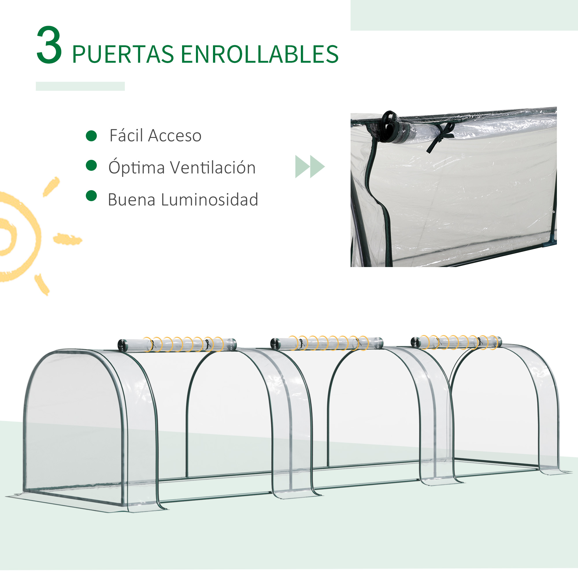 Un invernadero con 3 puertas enrollables, marco de metal, cubierta transparente.