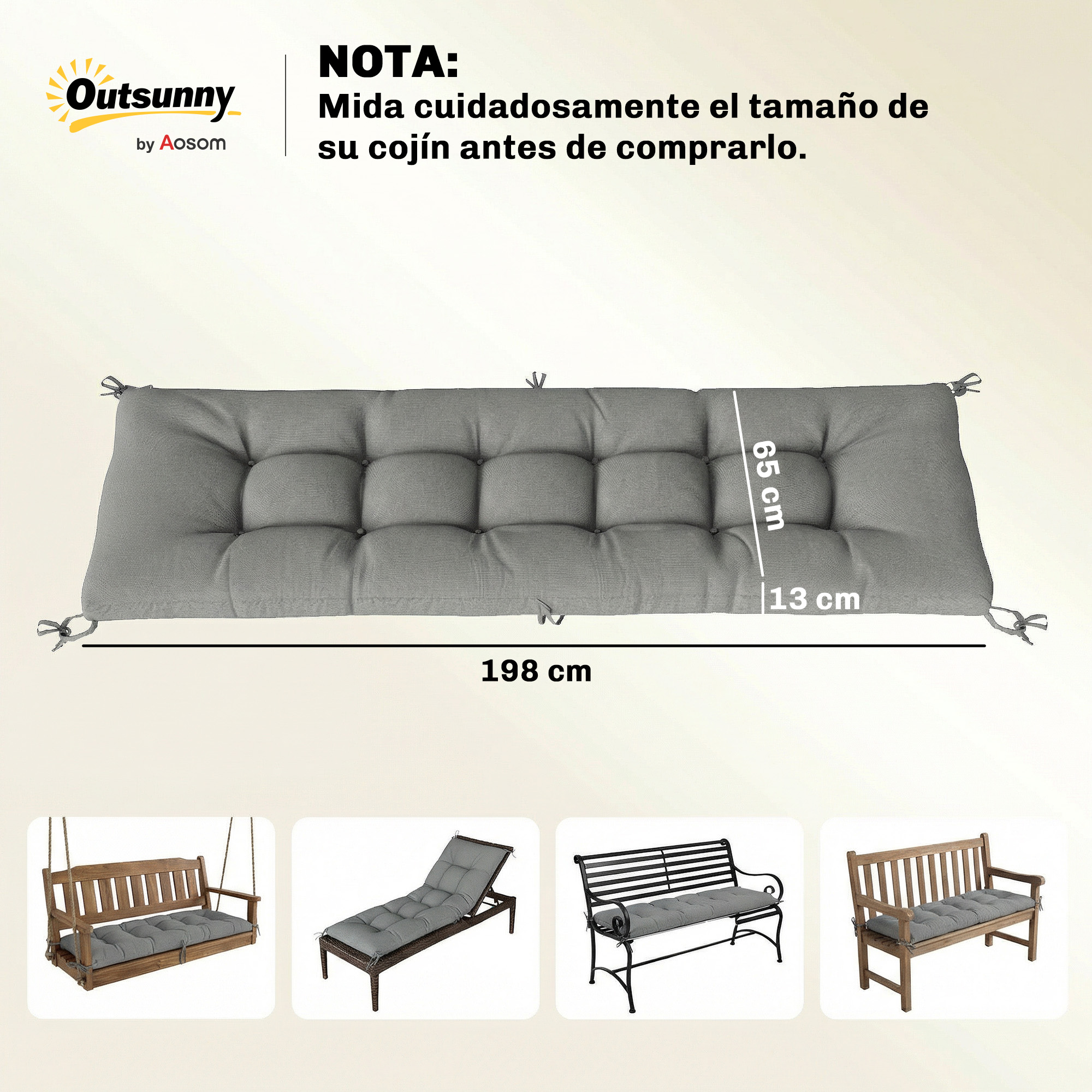 Cojín gris para banco, 198x65x13 cm, con cintas. Muestra columpio, tumbona y bancos.