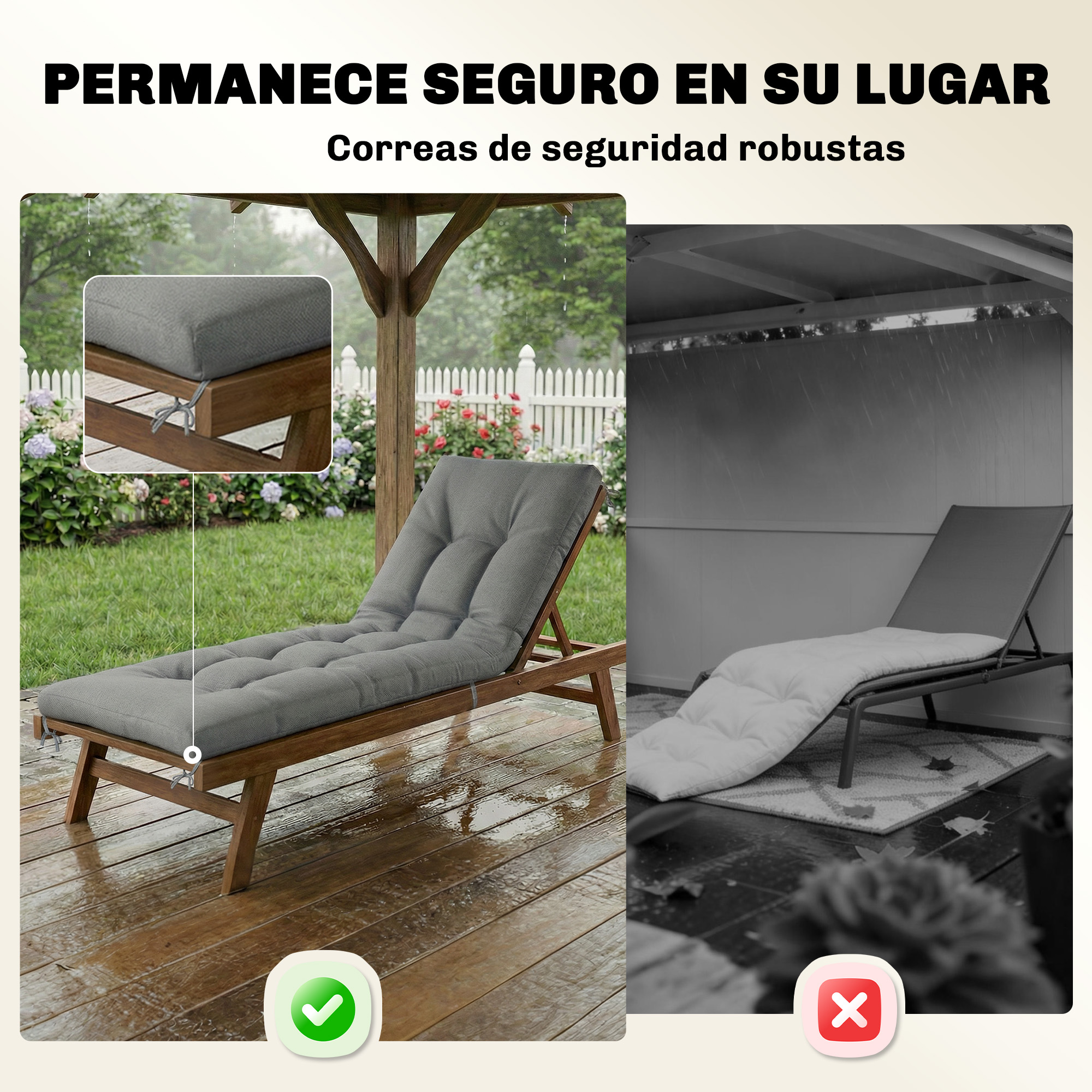 Tumbona ajustable con cojín gris al aire libre bajo la lluvia, con correas.