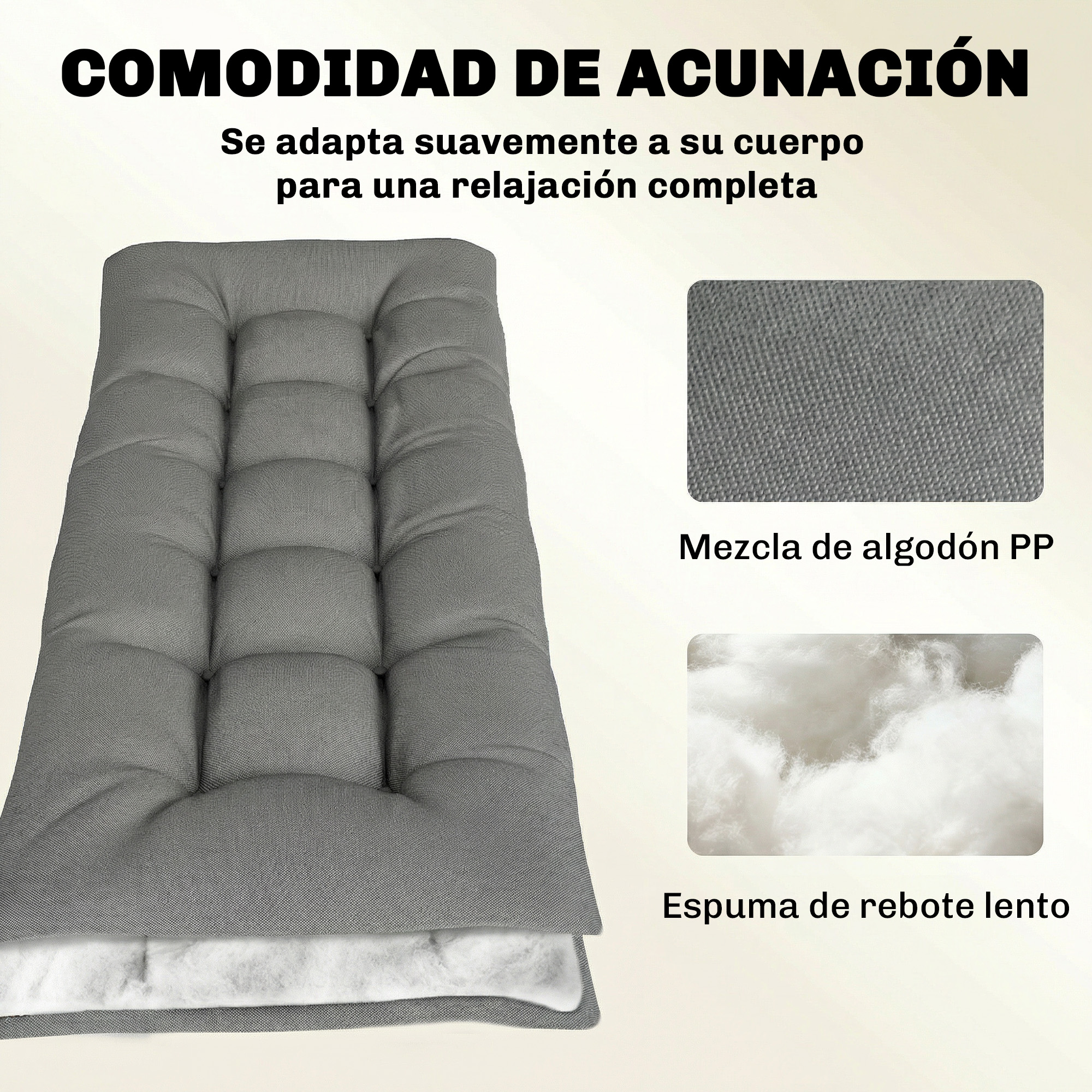 Cojín gris acolchado que muestra tela y relleno. Ideal para relajación.