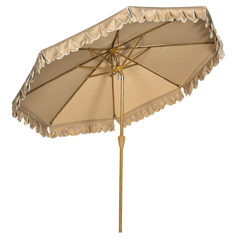 Un parasol color canela con borde festoneado blanco y mástil de madera.