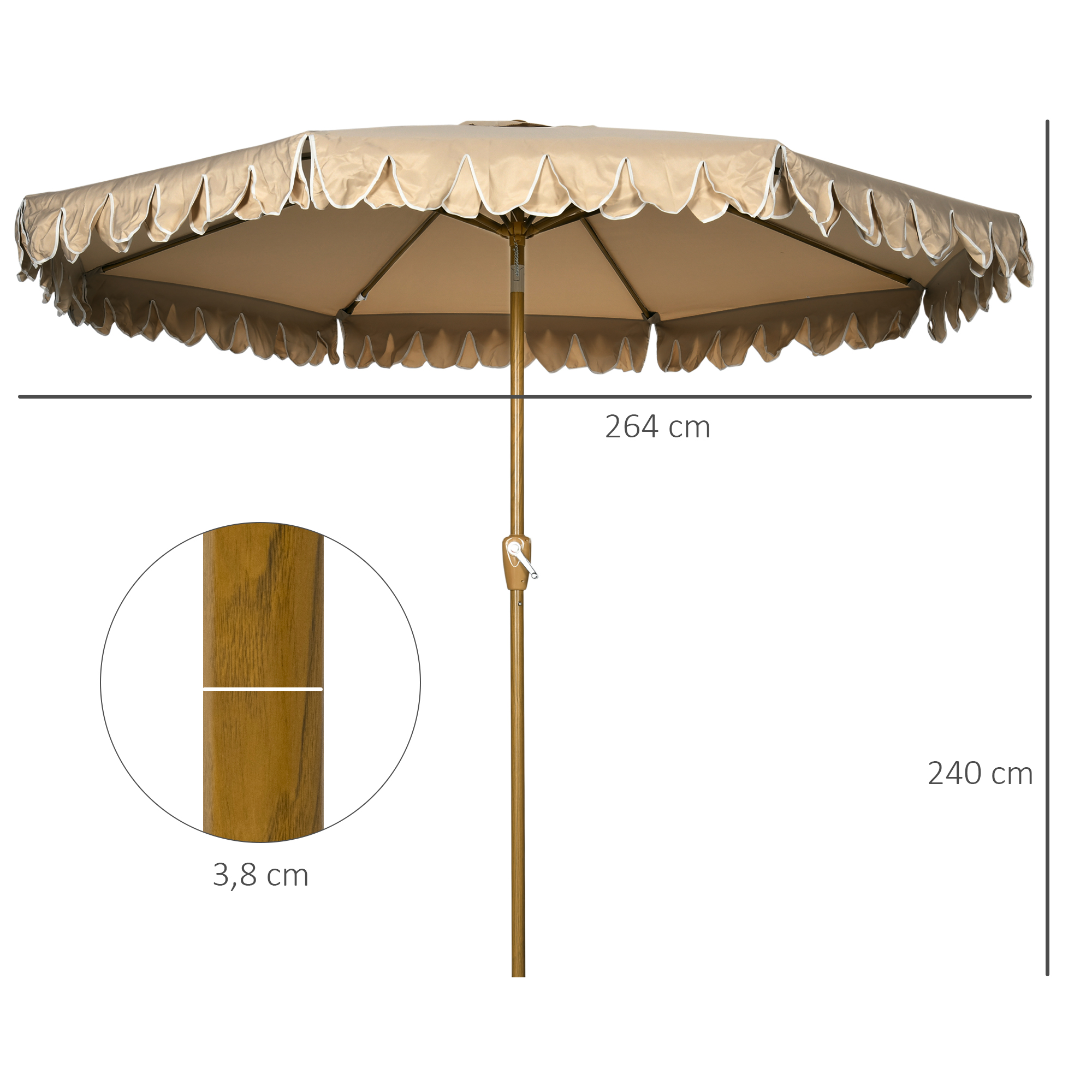 Un paraguas beige con borde festoneado y mástil de madera. Dimensiones: 264x240 cm.