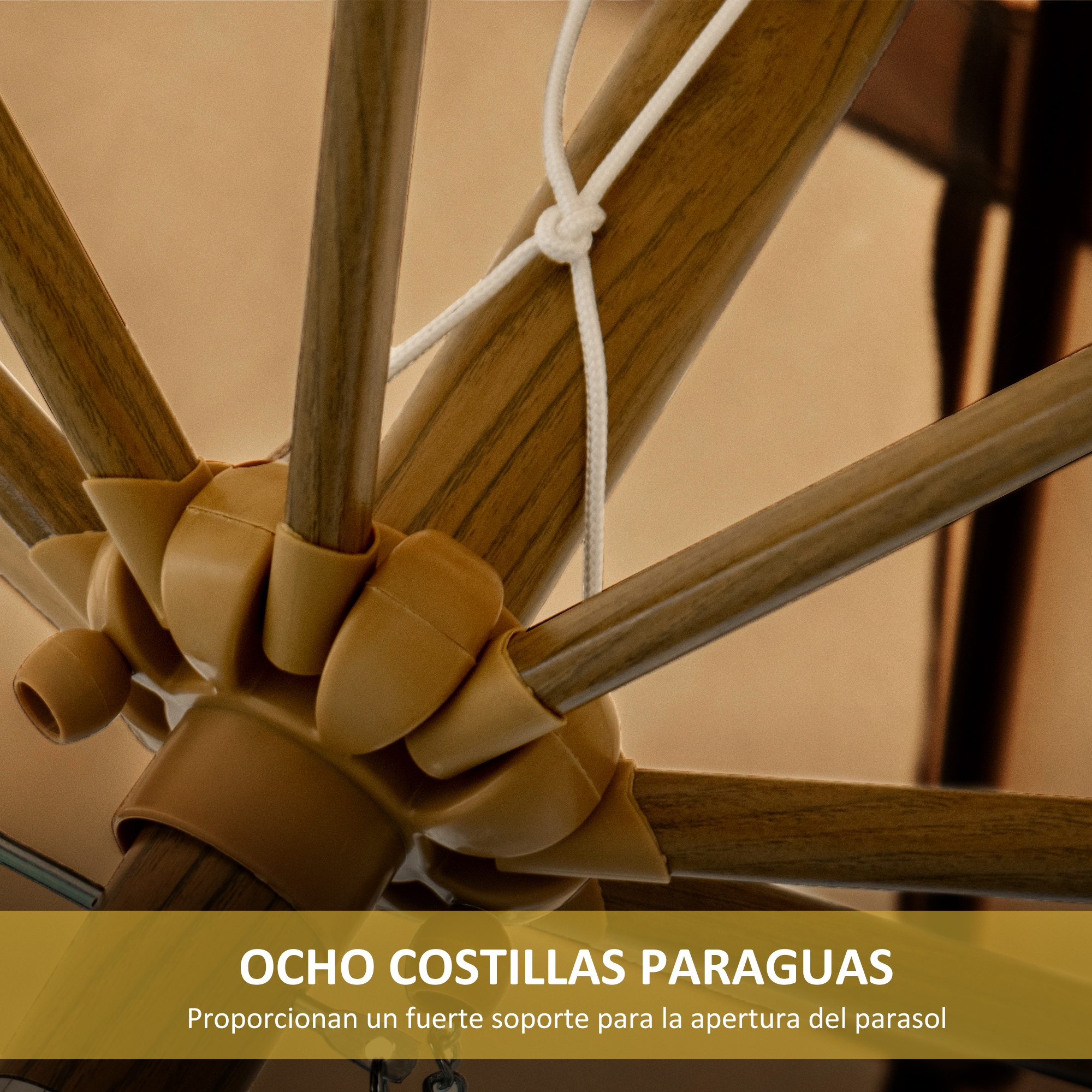 Primer plano de la estructura de madera de un paraguas de ocho varillas con cuerda.