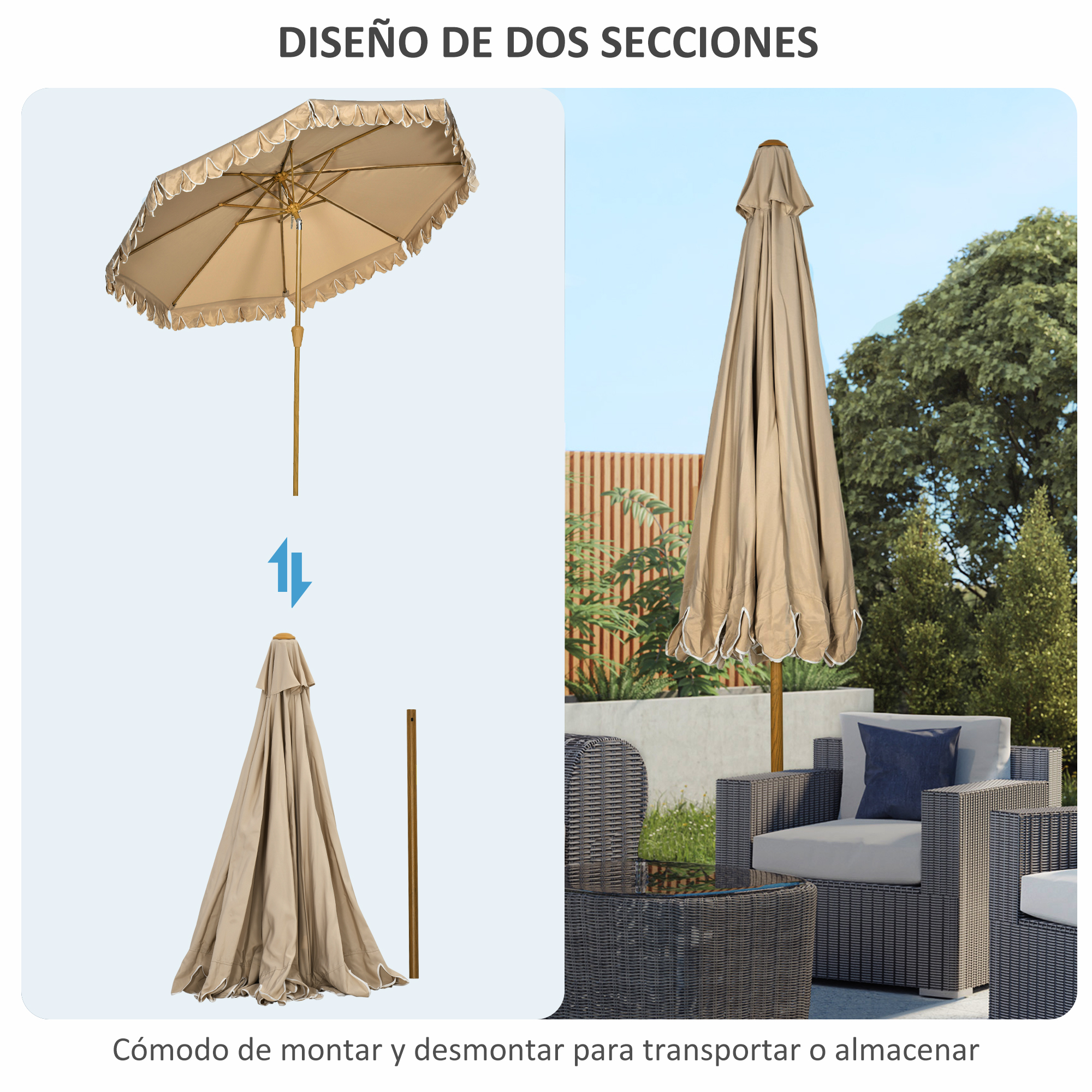 Sombrilla beige, abierta y cerrada, con poste.