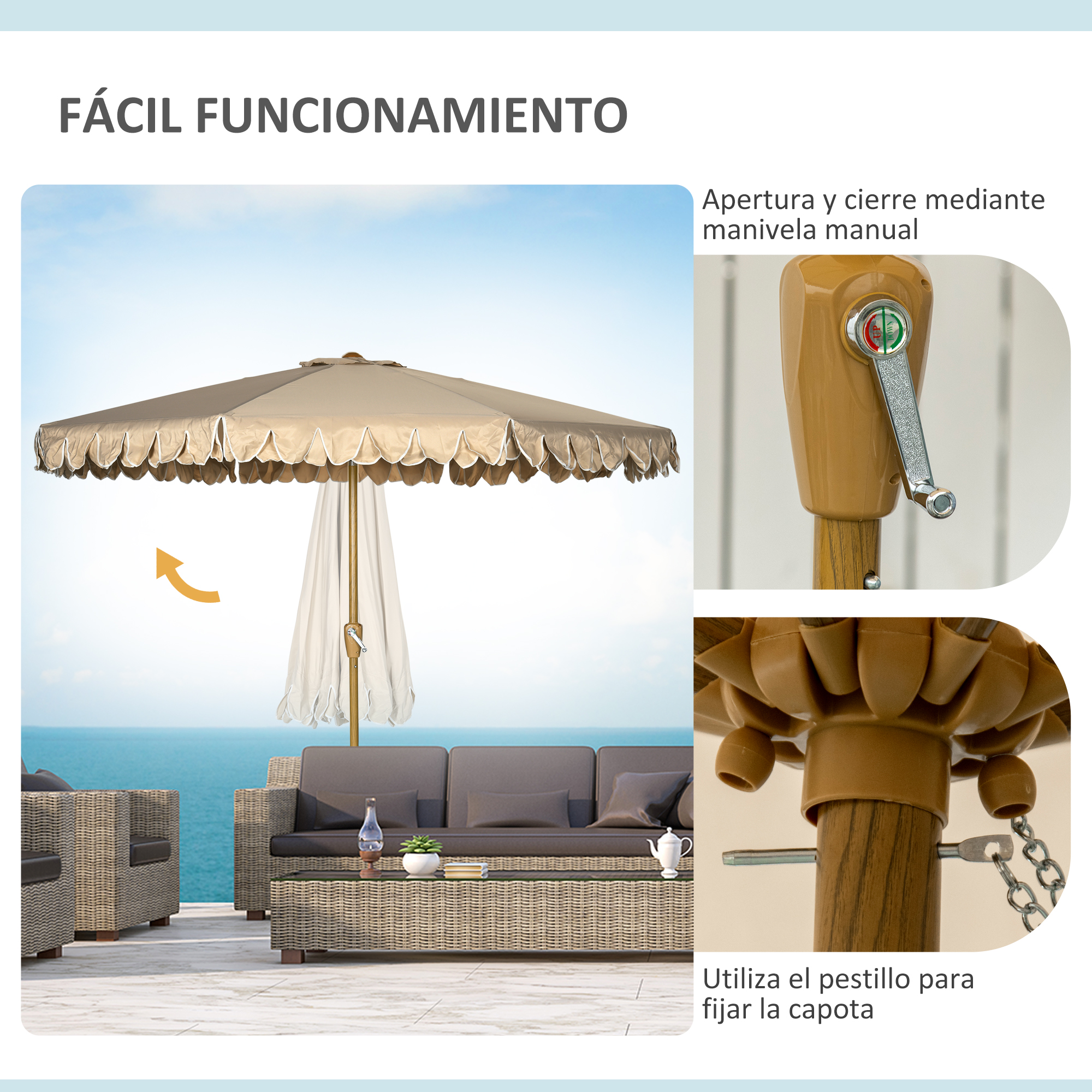 Mobiliario exterior con sombrilla beige, manivela y vista al mar.