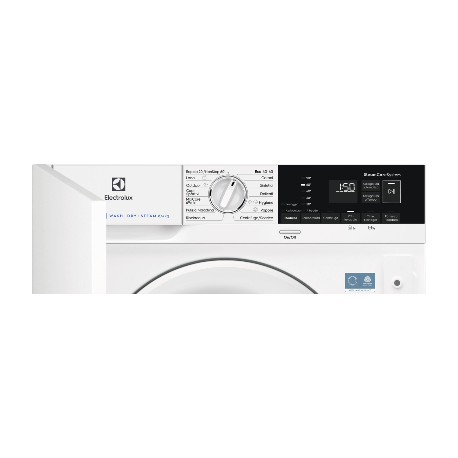 Una lavasciuga Electrolux bianca con pannello di controllo e selezione programmi. Lo schermo mostra 1:50.