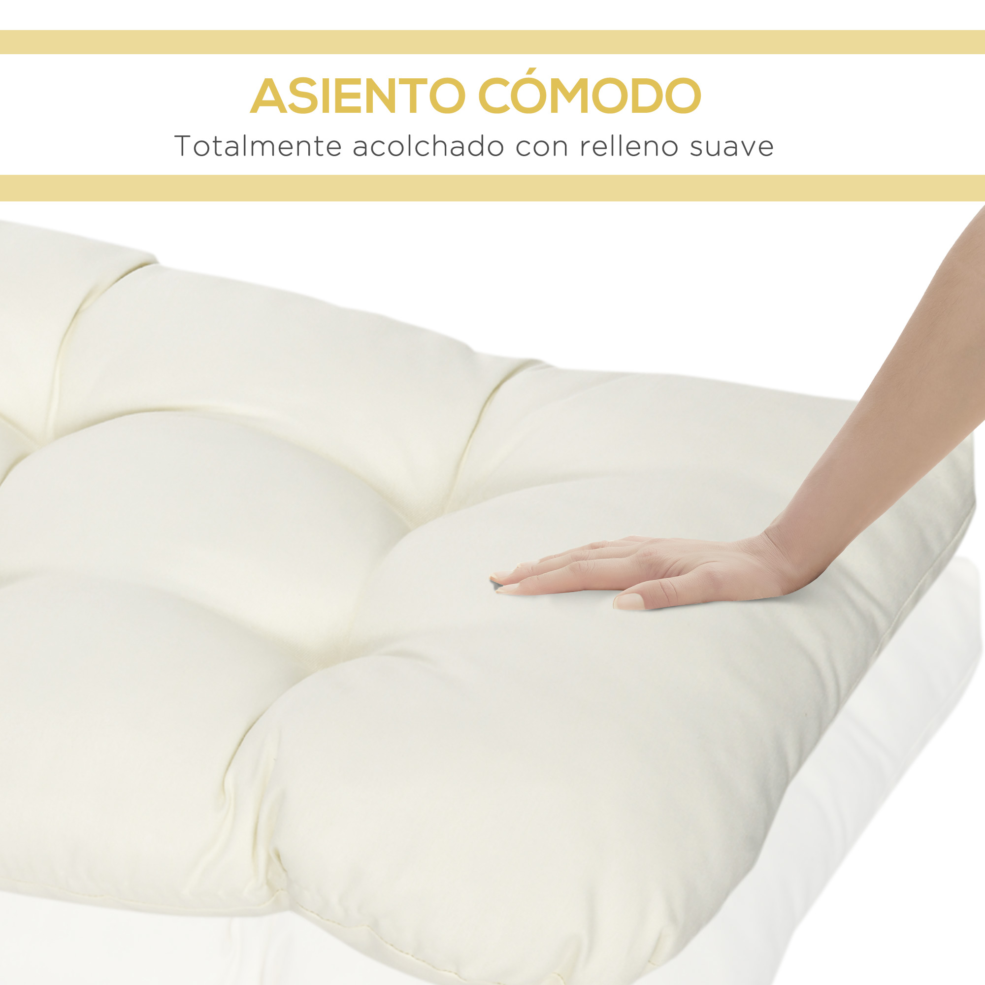 Una mano presiona un cojín suave y color crema con capitoné.