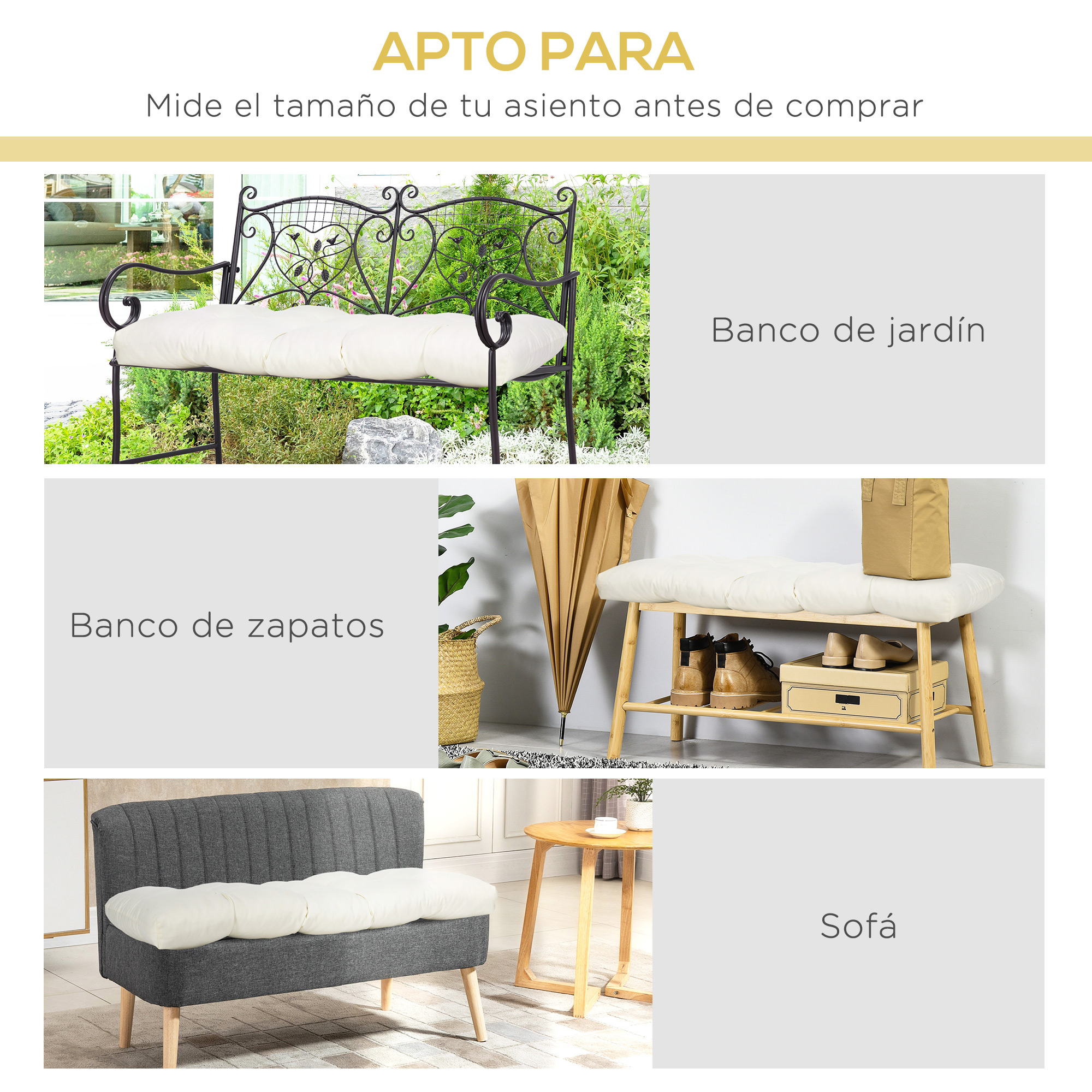 Banco de jardín, banco de zapatos y sofá con cojines blancos.