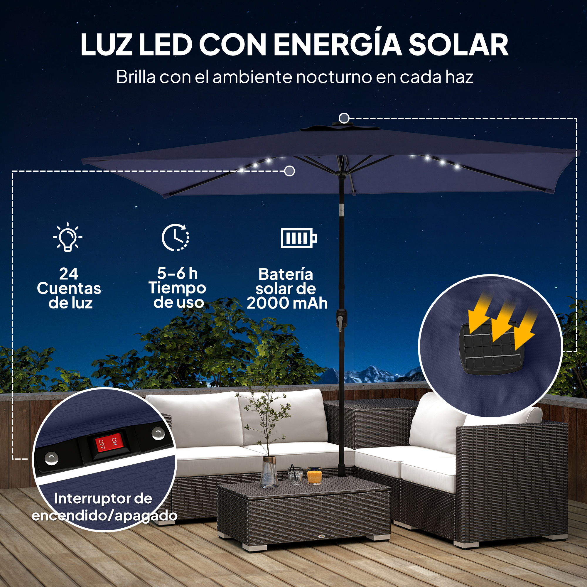 Un parasol LED solar sobre un sofá exterior por la noche.