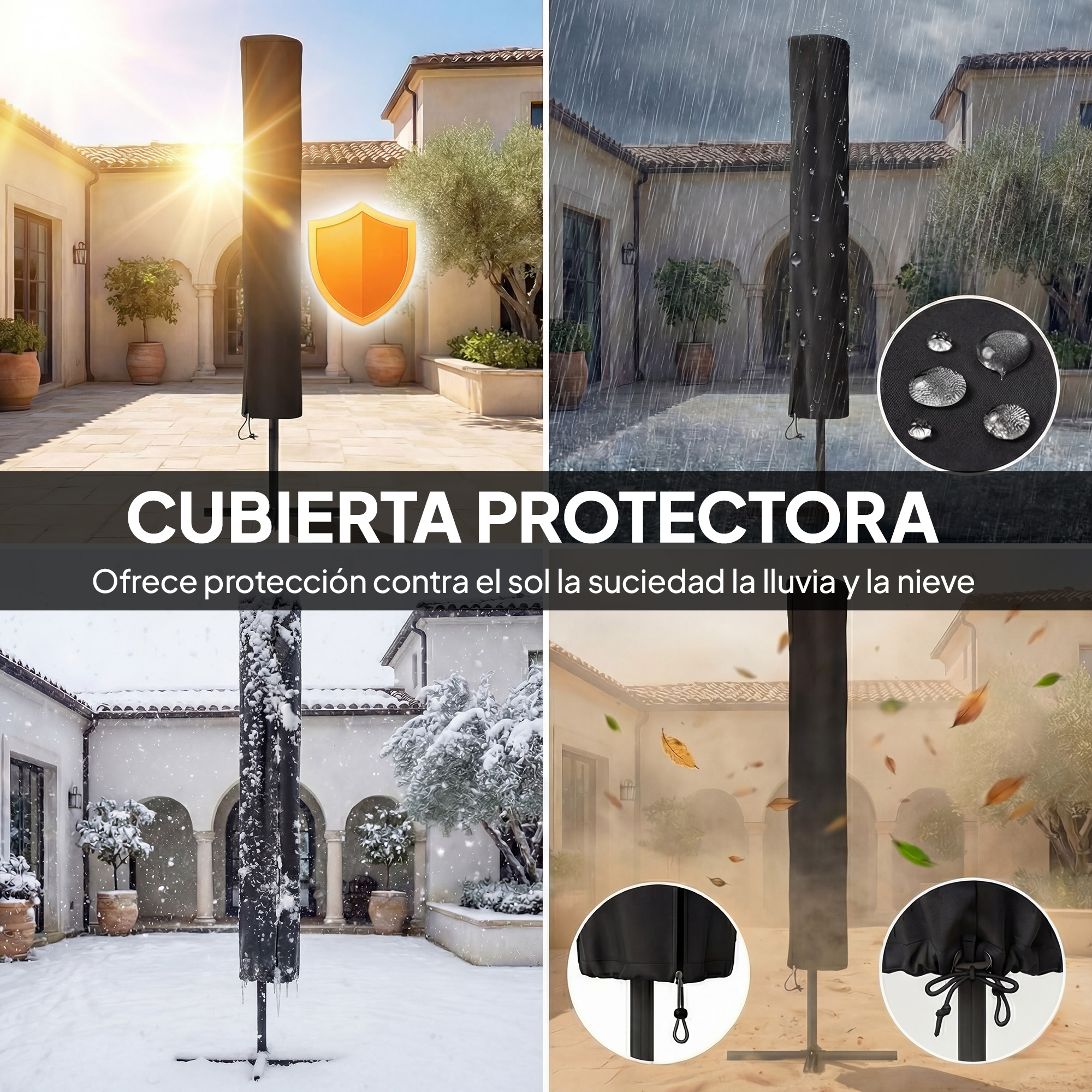Una cubierta negra para sombrilla protege del sol, lluvia, nieve y suciedad.