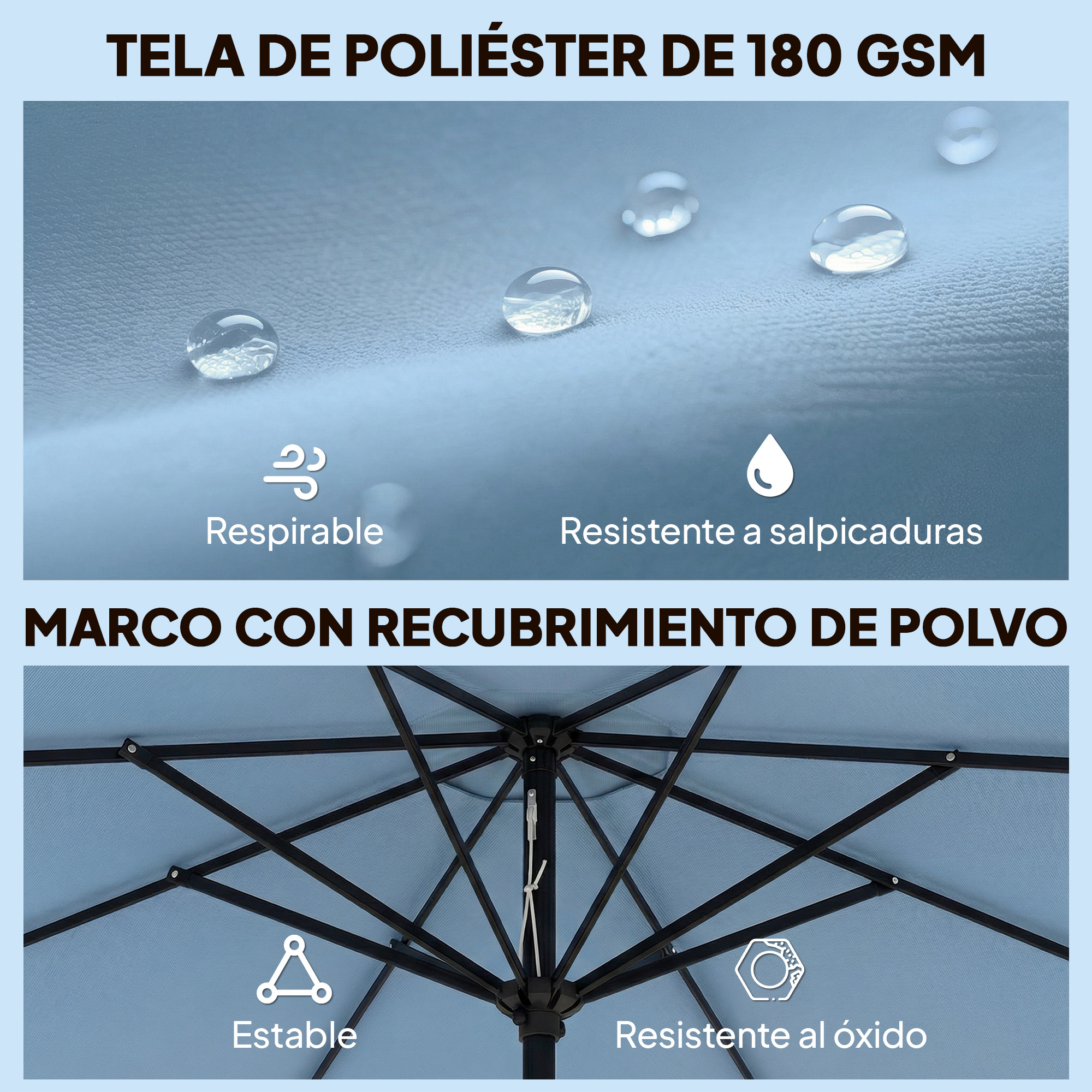 Tela azul con gotas de agua, marco de sombrilla debajo.
