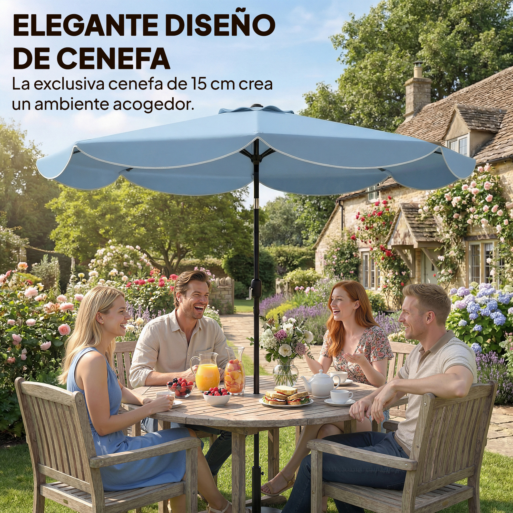 Cuatro personas sentadas en una mesa de jardín bajo un parasol azul.