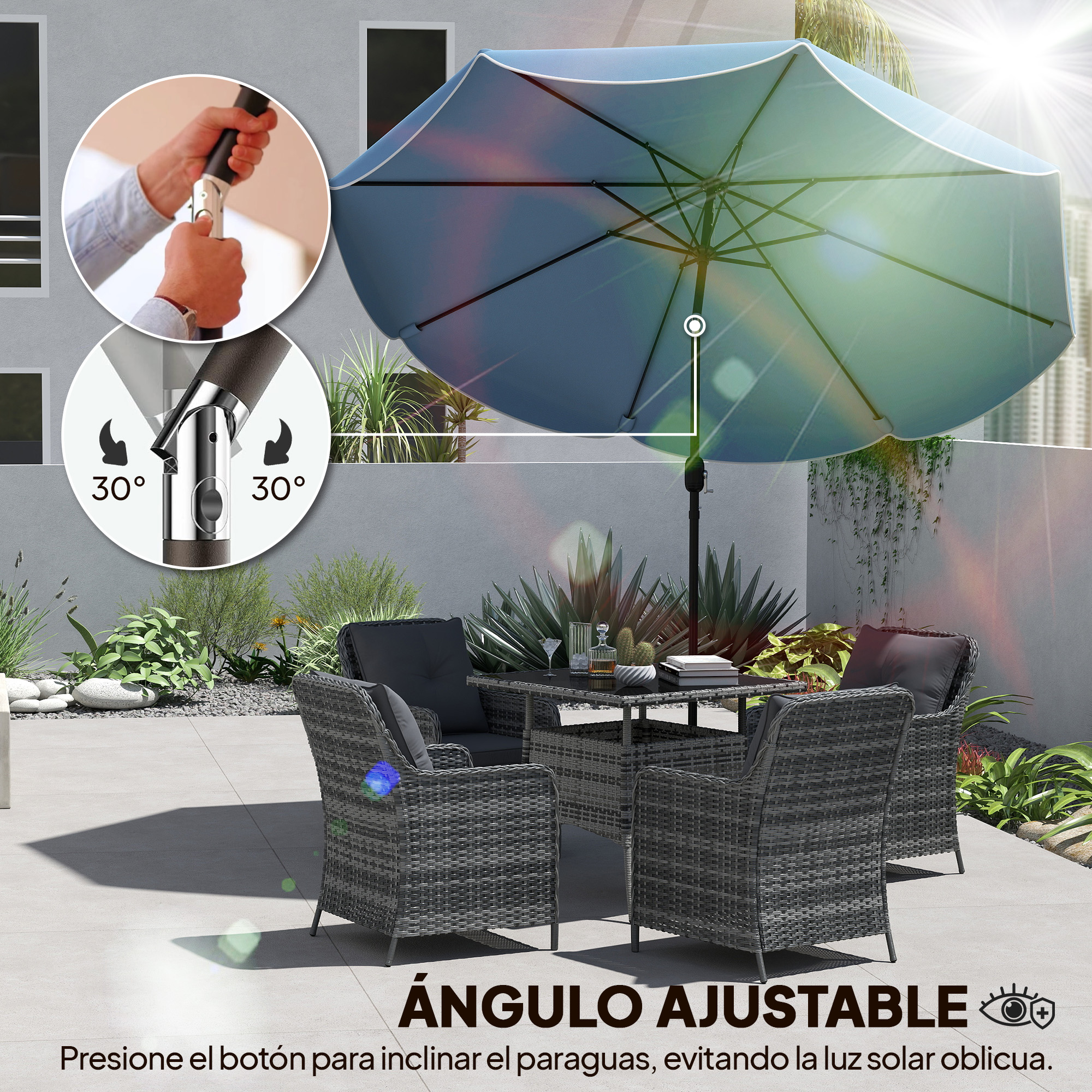 Un parasol azul grisáceo sobre una mesa con sillas al aire libre.
