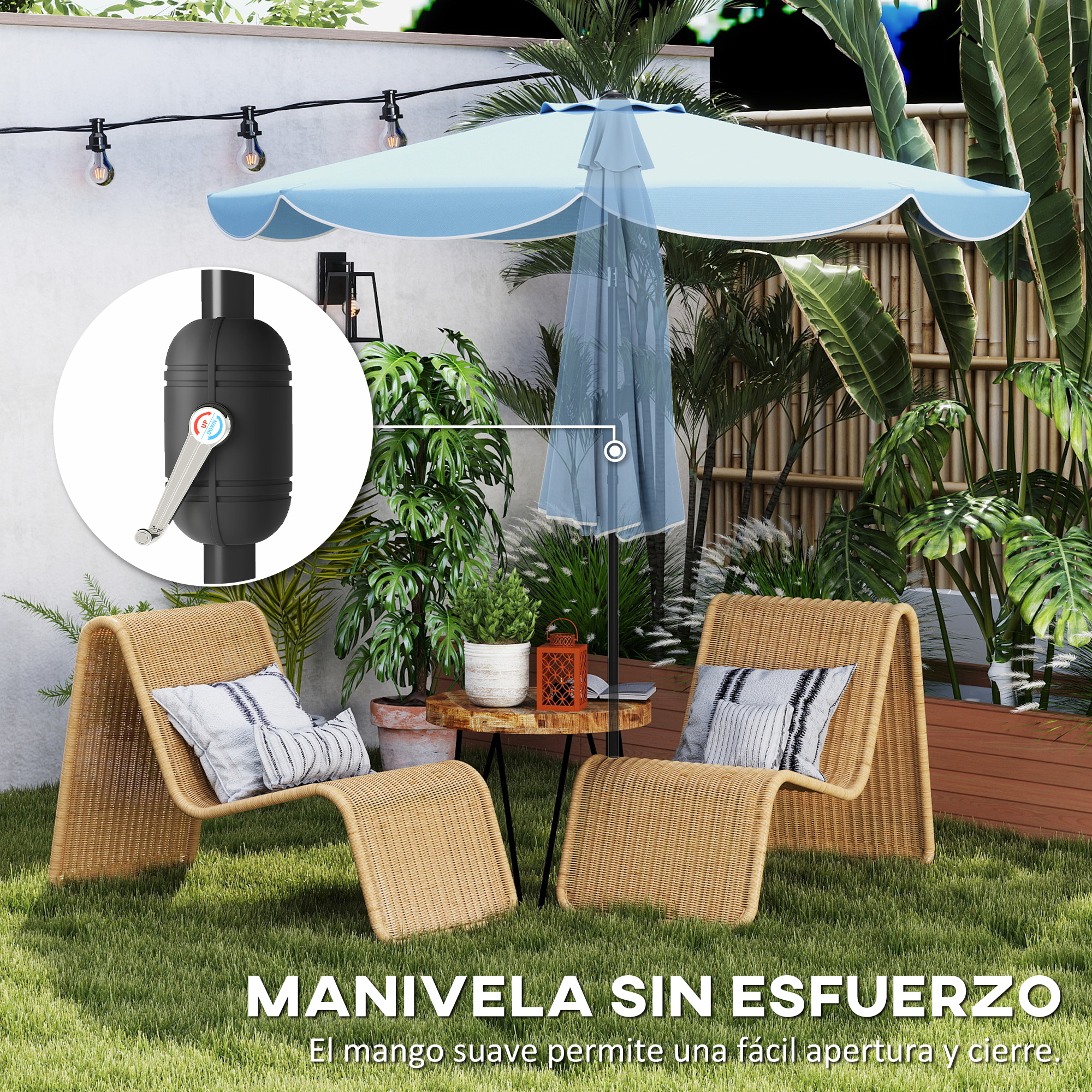 Escena de patio exterior con sillas, sombrilla, manivela y plantas.