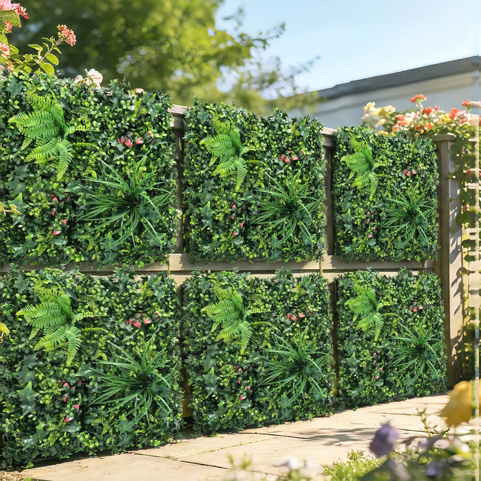 Seis paneles de plantas verdes artificiales y helechos cubriendo una valla.