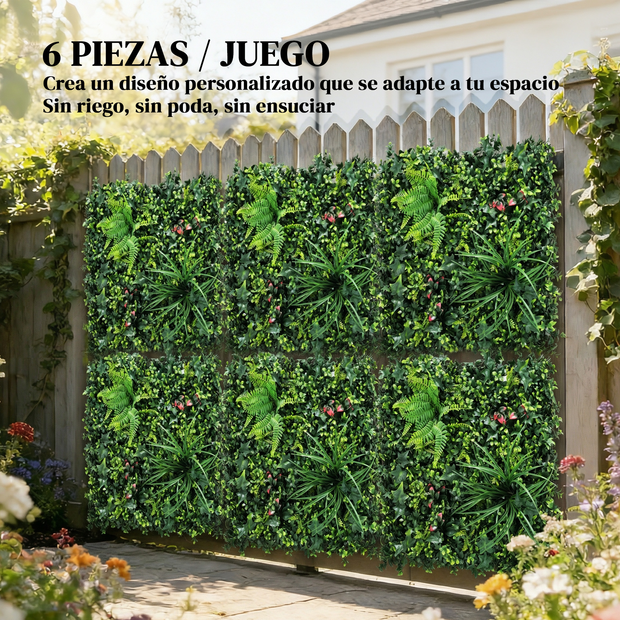 Seis paneles de pared verdes artificiales con helechos y follaje fijados a una valla de madera.