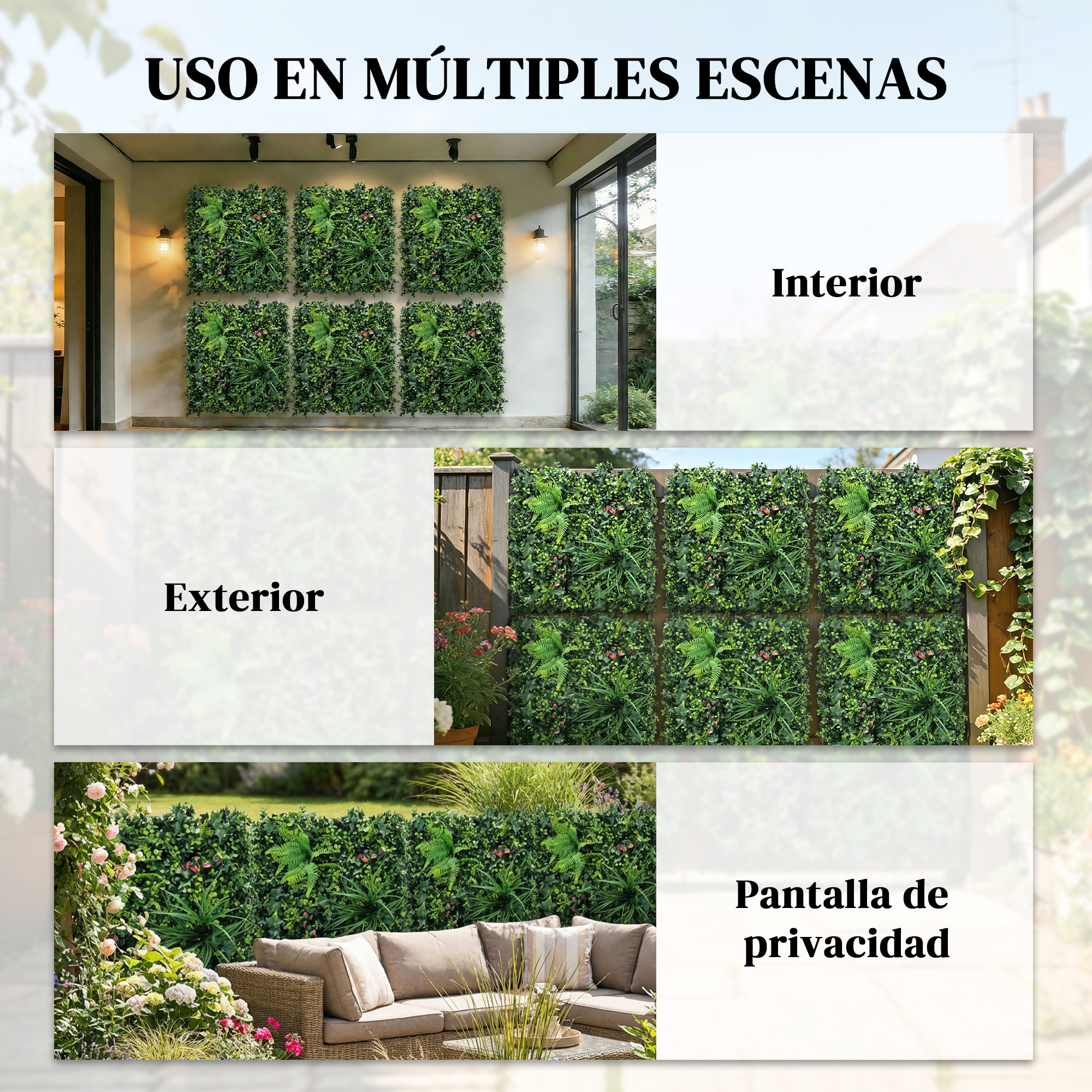 Paneles de pared verdes para interiores, exteriores y privacidad.