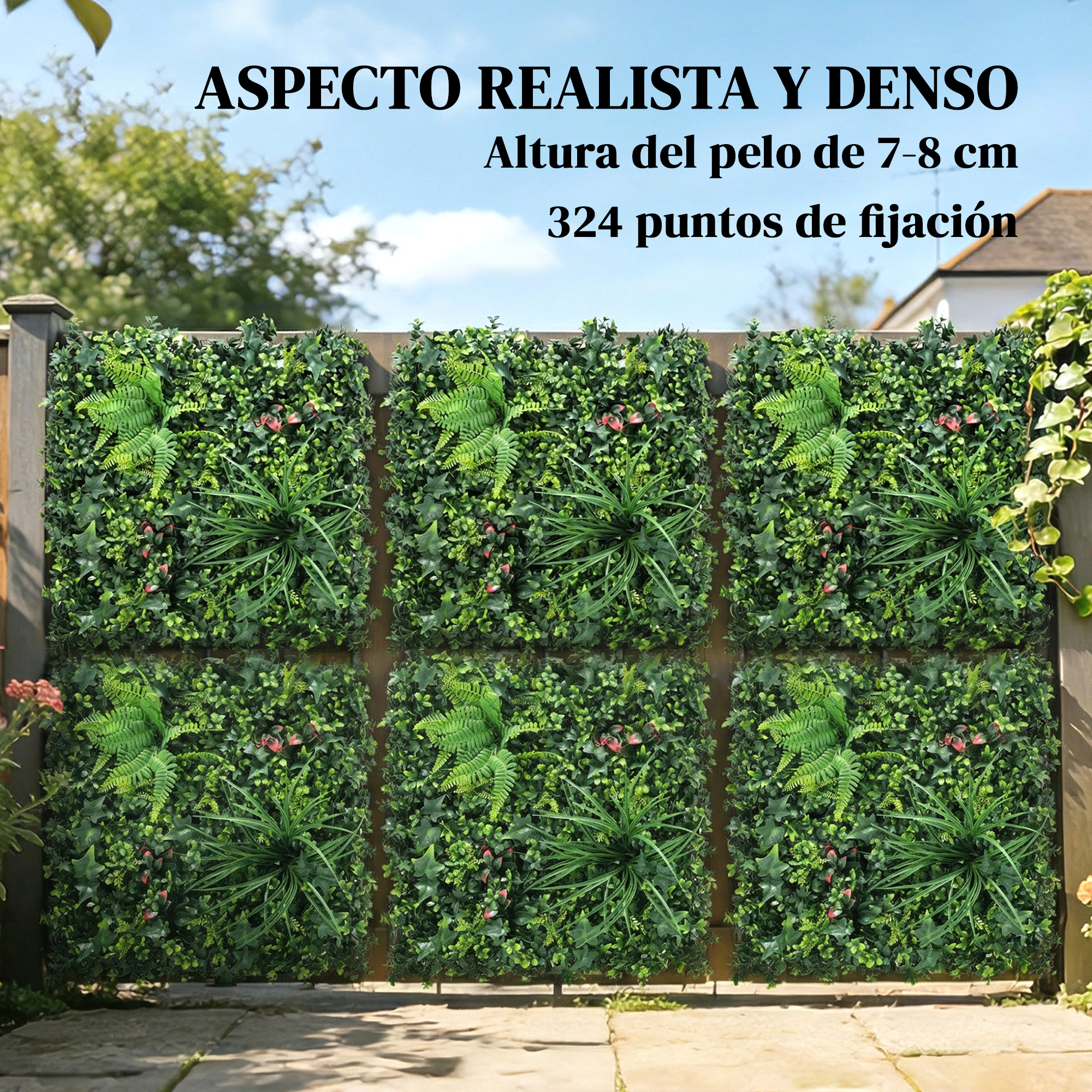 Seis paneles verdes de pared con hojas y helechos variados, contra un cielo azul.