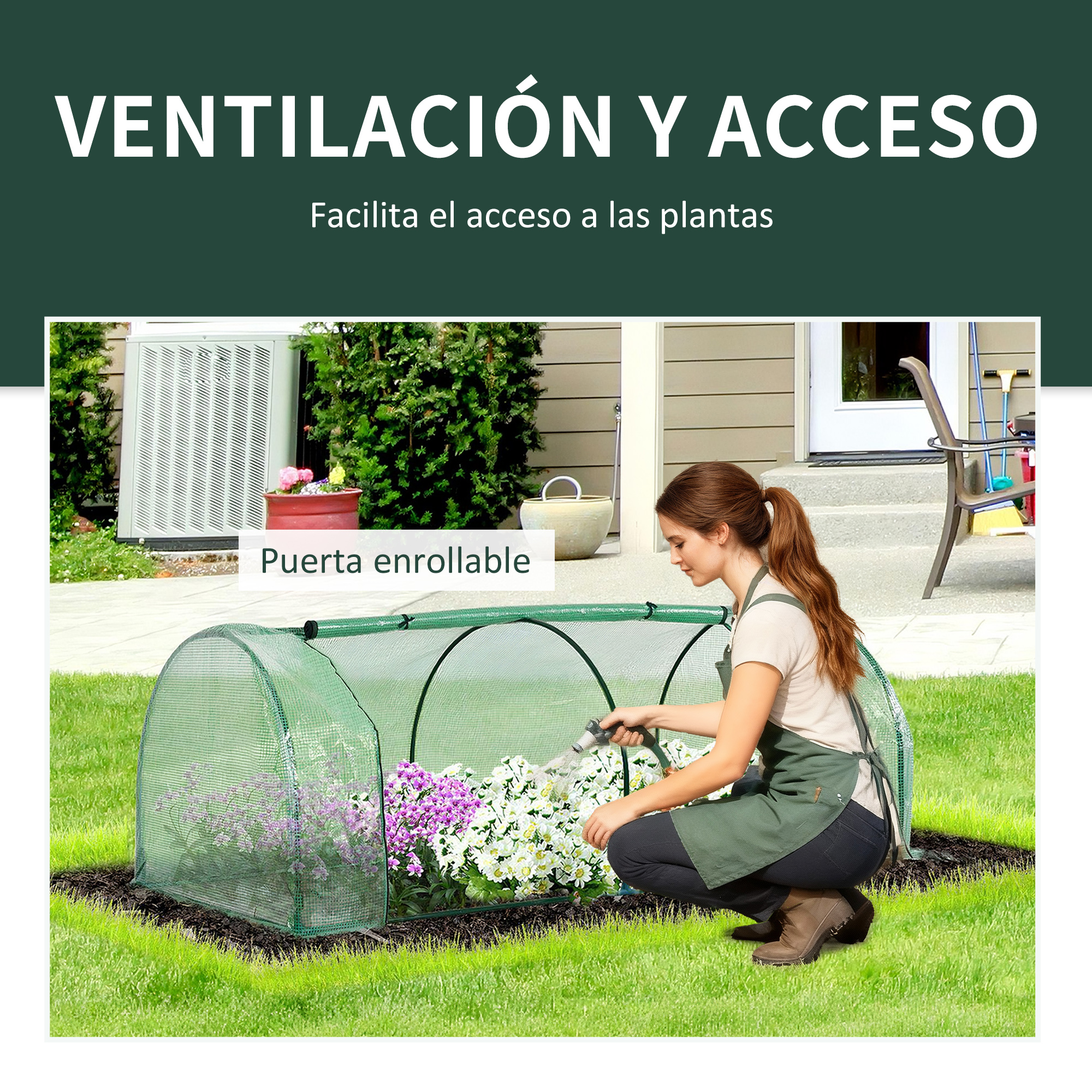 Mujer riega flores en un invernadero verde junto a una unidad de aire acondicionado.