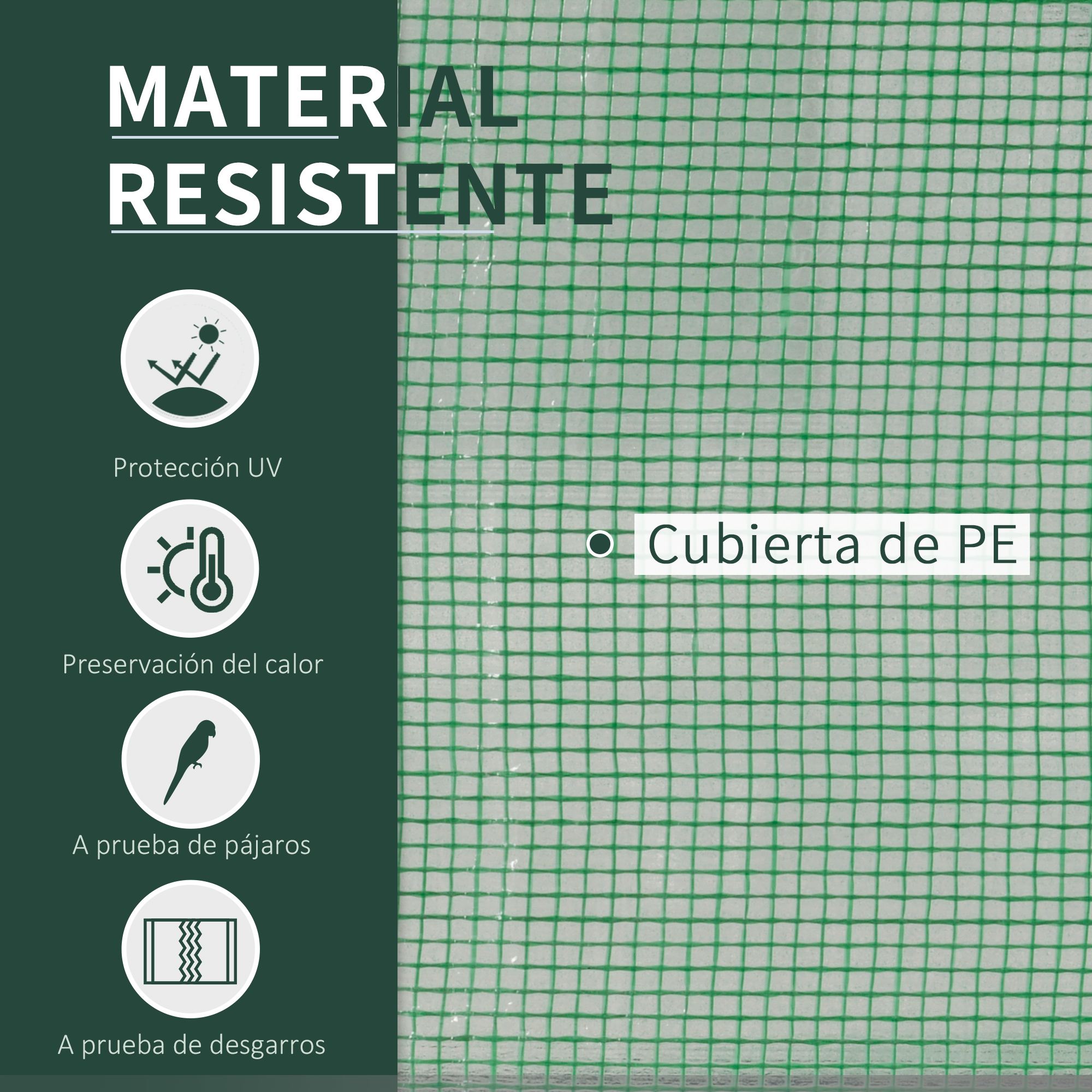 Malla verde con iconos: protección UV, preservación del calor, a prueba de pájaros.