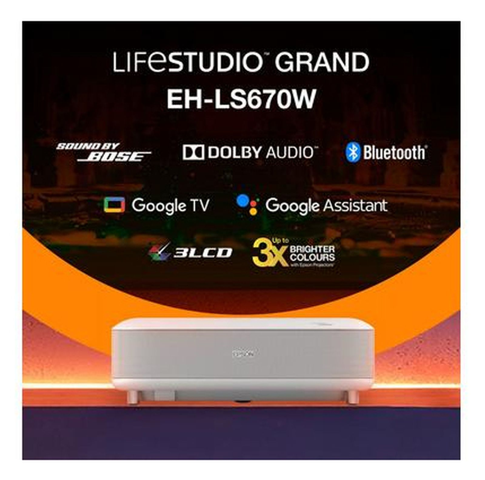 Projecteur Epson LIFESTUDIO GRAND EH-LS670W avec Bose Sound, Dolby Audio, Google TV.