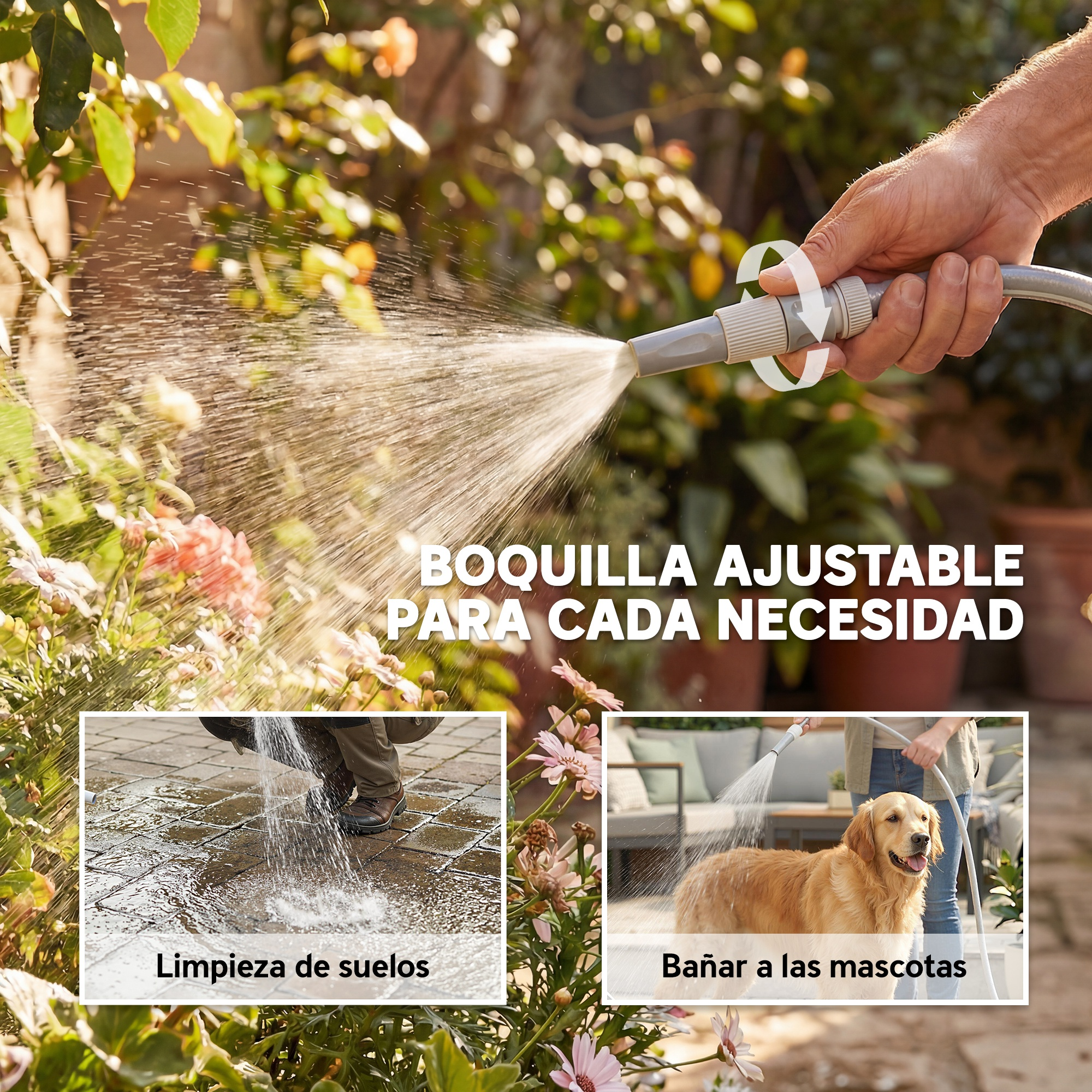 Hombre sostiene manguera, rocía agua en plantas, suelo y perro.