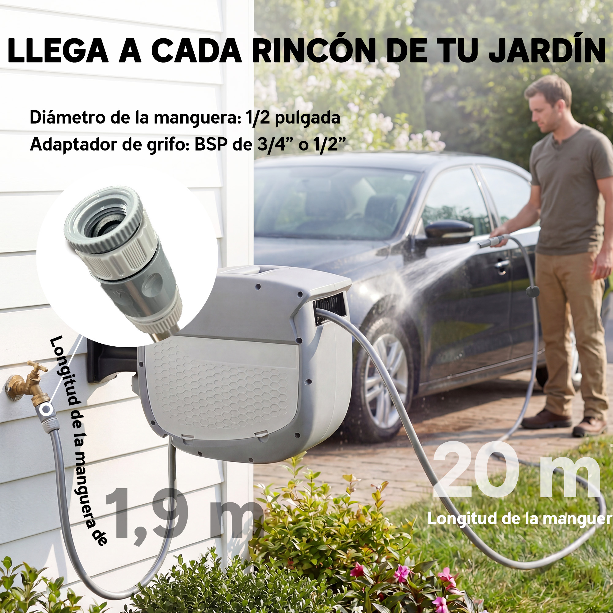 Hombre lava coche con enrollador de manguera. Medidas 1,9m y 20m.