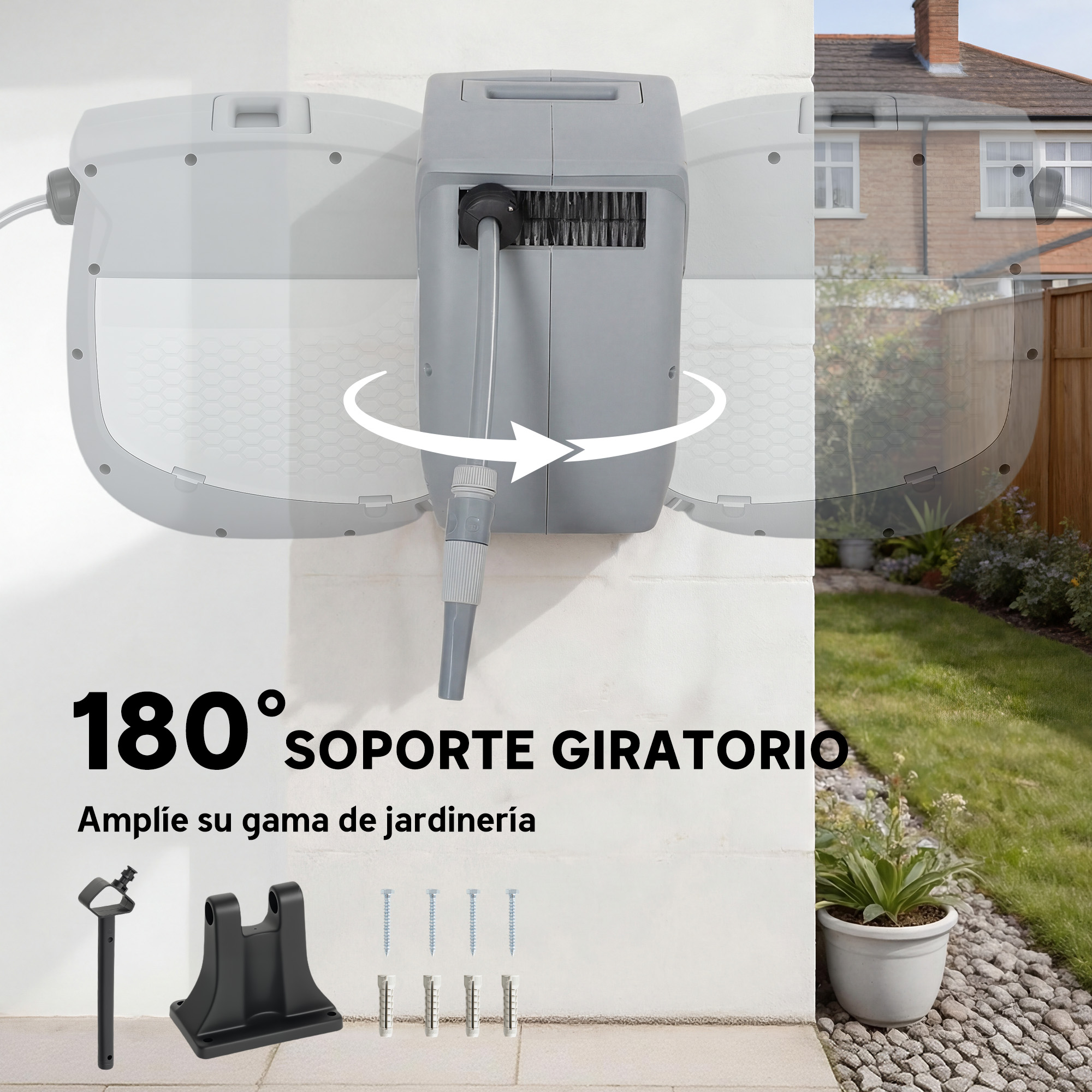 Carrete de manguera gris con soporte giratorio de 180°, accesorio de jardín.