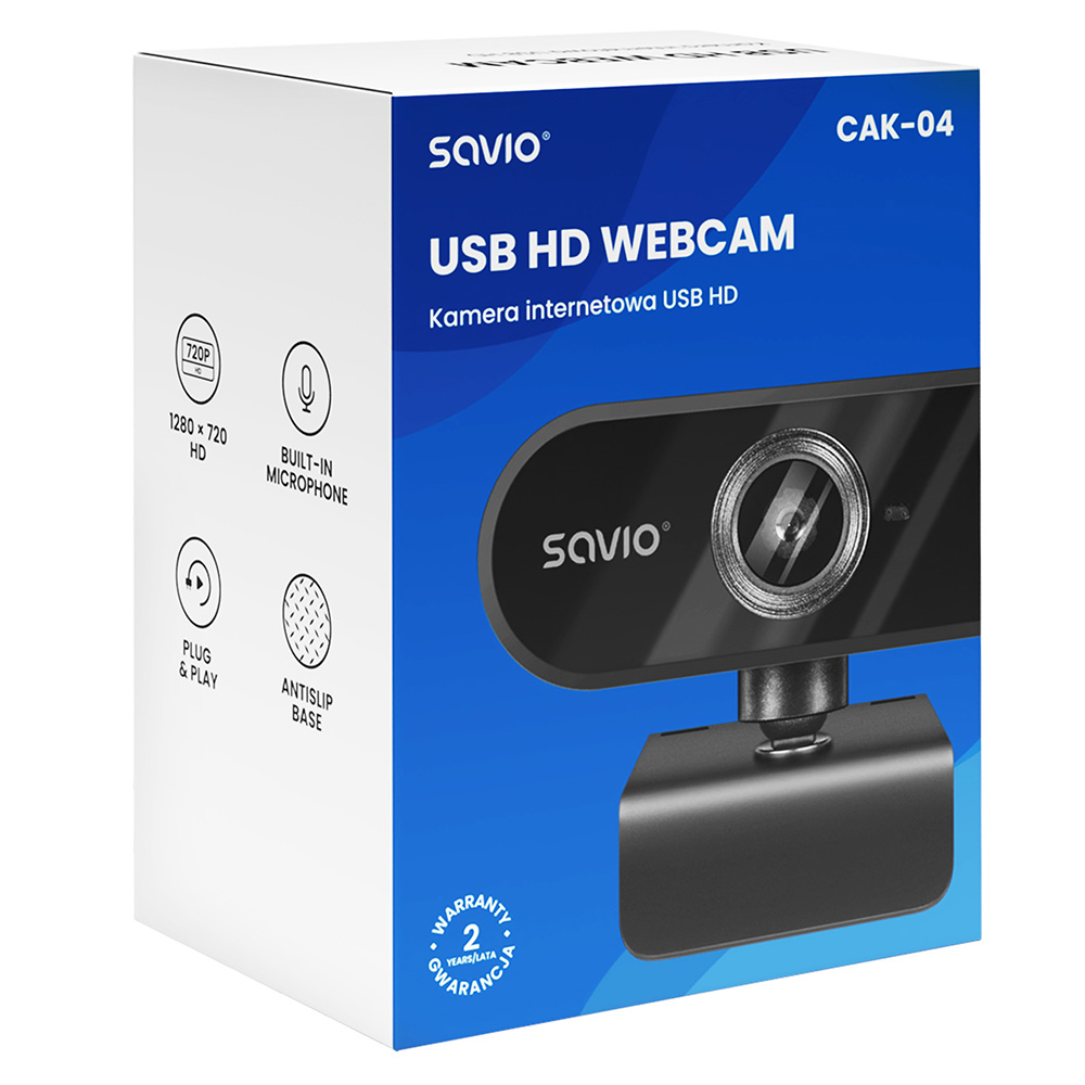 Pudełko kamery internetowej Savio USB HD z obrazem kamery. Funkcje: 720p, wbudowany mikrofon, plug & play.