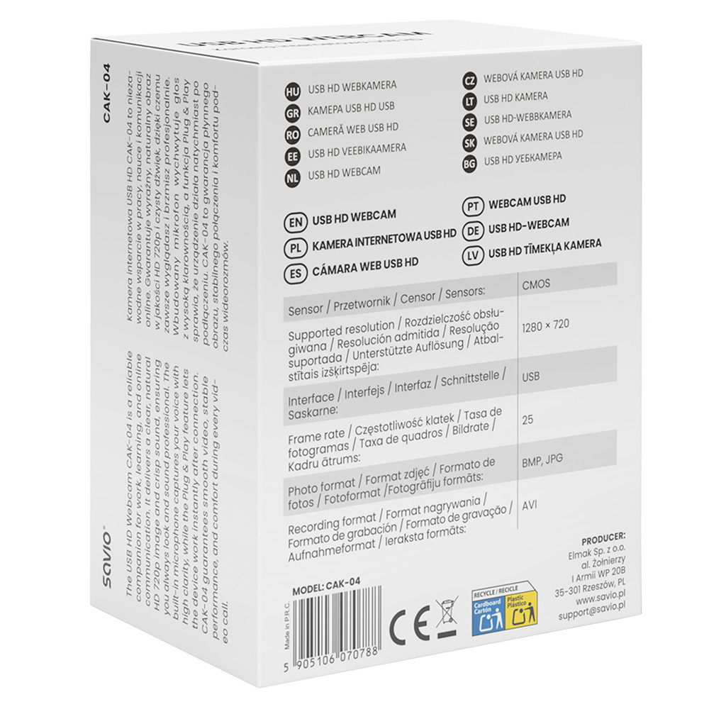 Opakowanie kamery internetowej USB HD ze szczegółami produktu i wielojęzycznymi etykietami.
