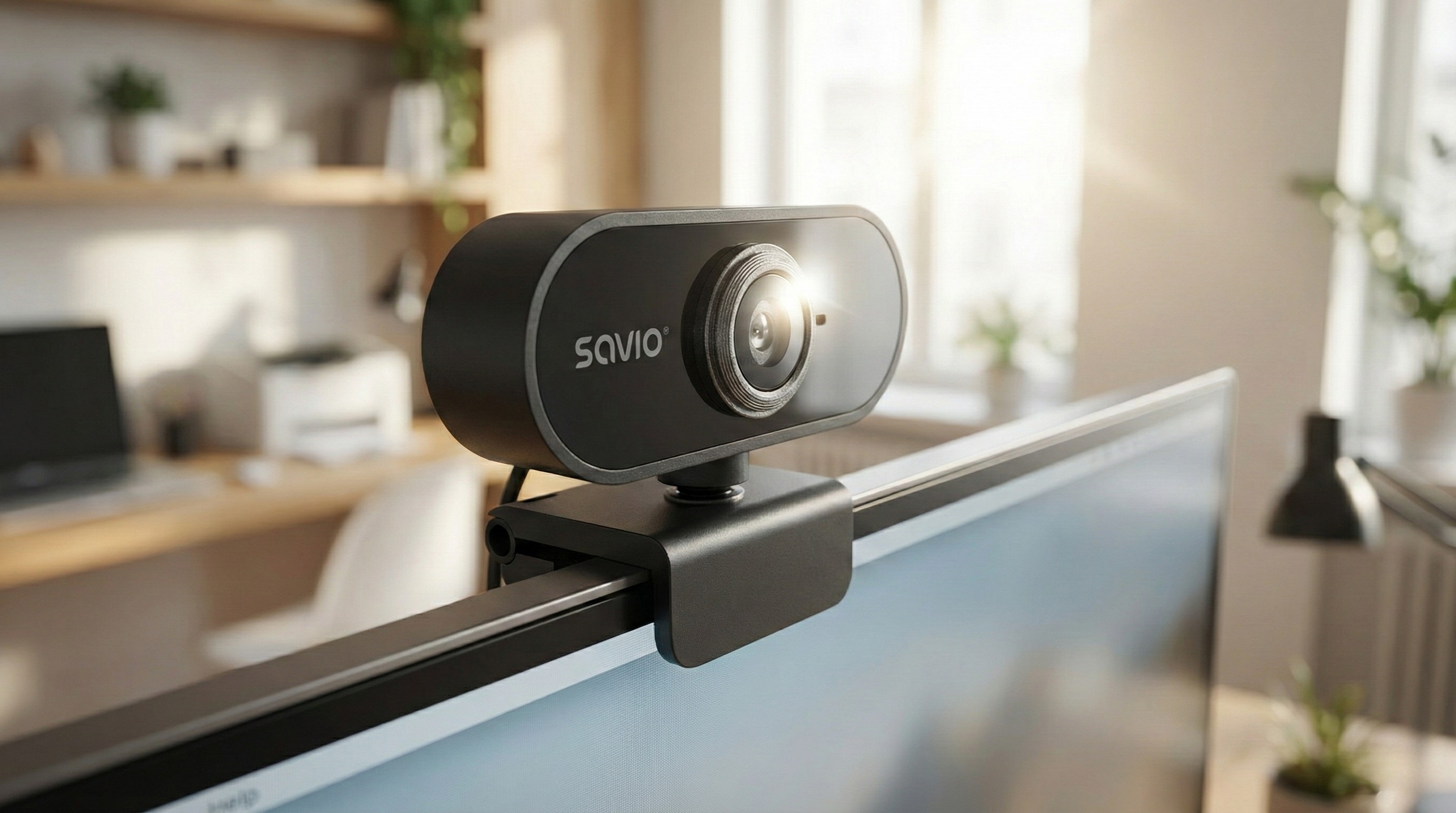 Czarna kamera internetowa przypięta do górnej krawędzi monitora, jasne okno w tle.