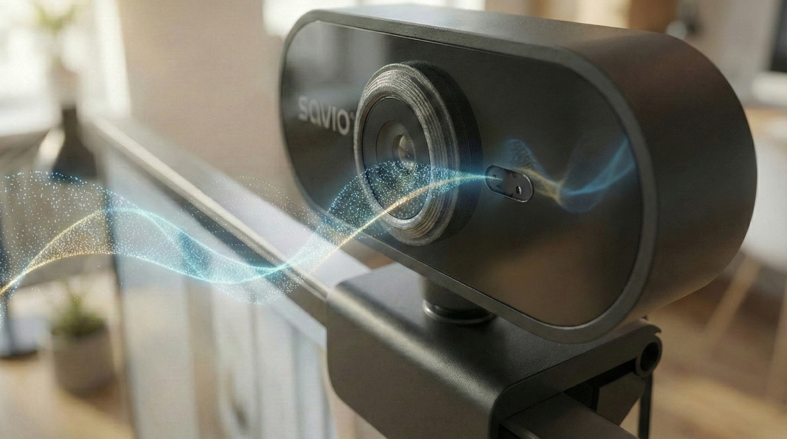 Zbliżenie czarnej kamery internetowej ze świecącymi falami przed obiektywem.