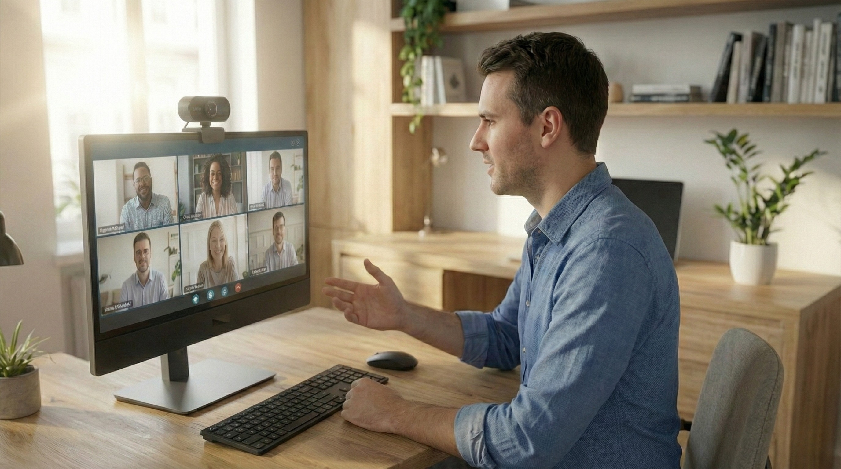 Mężczyzna w niebieskiej koszuli na rozmowie wideo z 5 osobami na ekranie komputera. Stanowisko biurkowe.