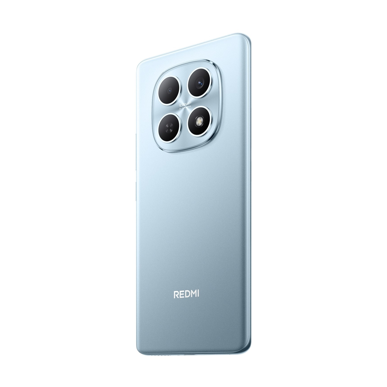 Uno smartphone azzurro con quadrupla fotocamera posteriore e logo REDMI.